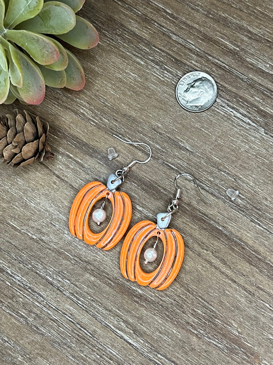 Silver Accented Orange Pumpkin with Pearl Dangle Earrings