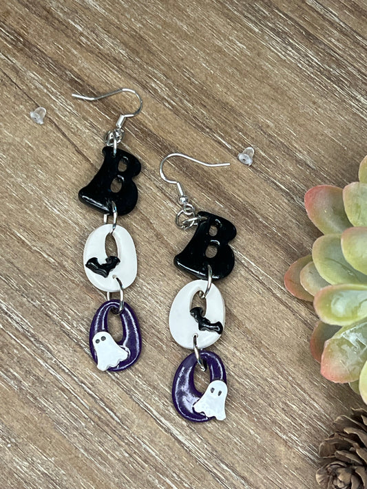 Purple, Black, and White BOO Dangle Earrings with Ghost Accents