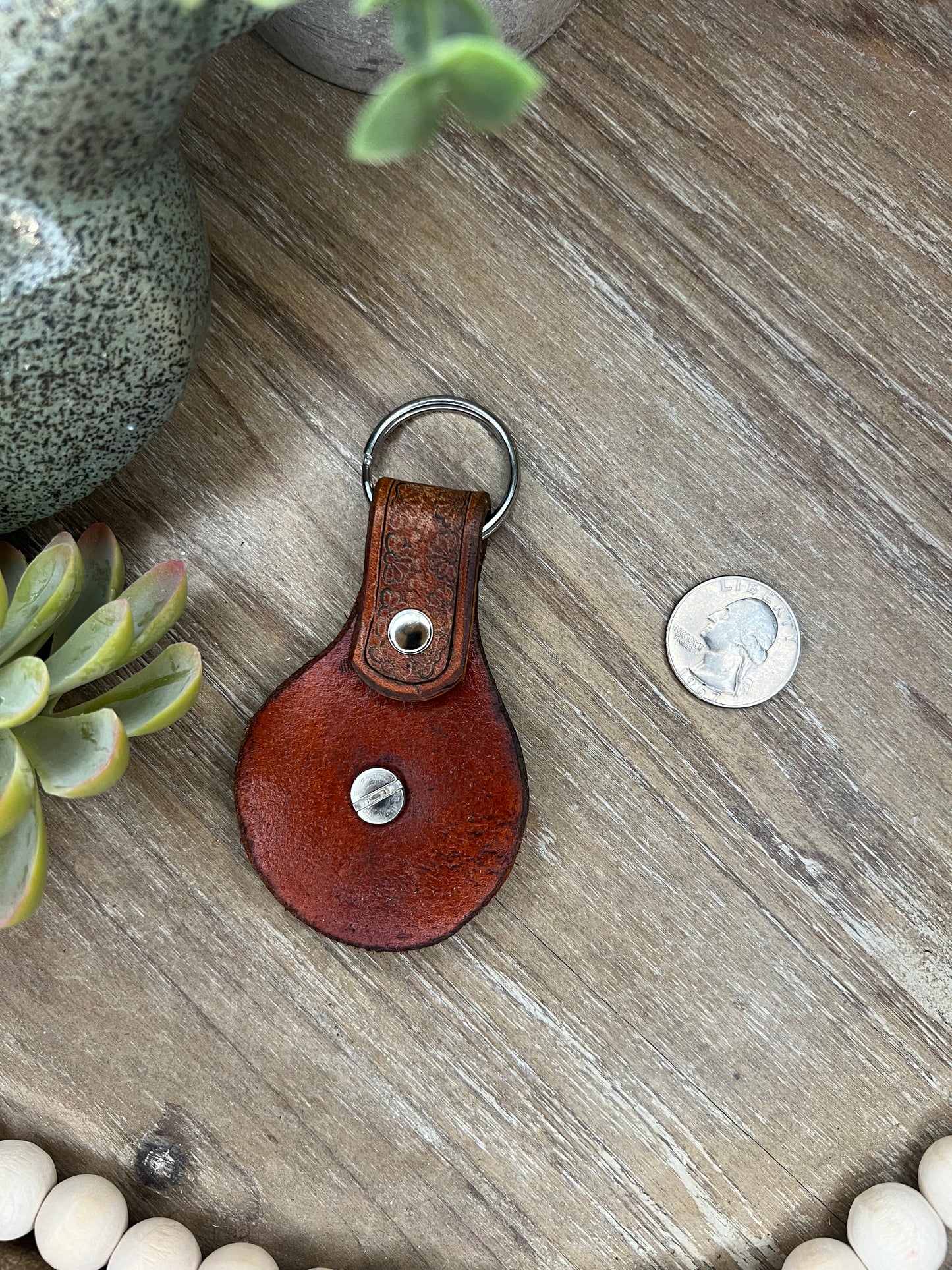 Genuine Leather Hand Tooled Keychain with 1.25 inch Concho (Single Layer of Leather)