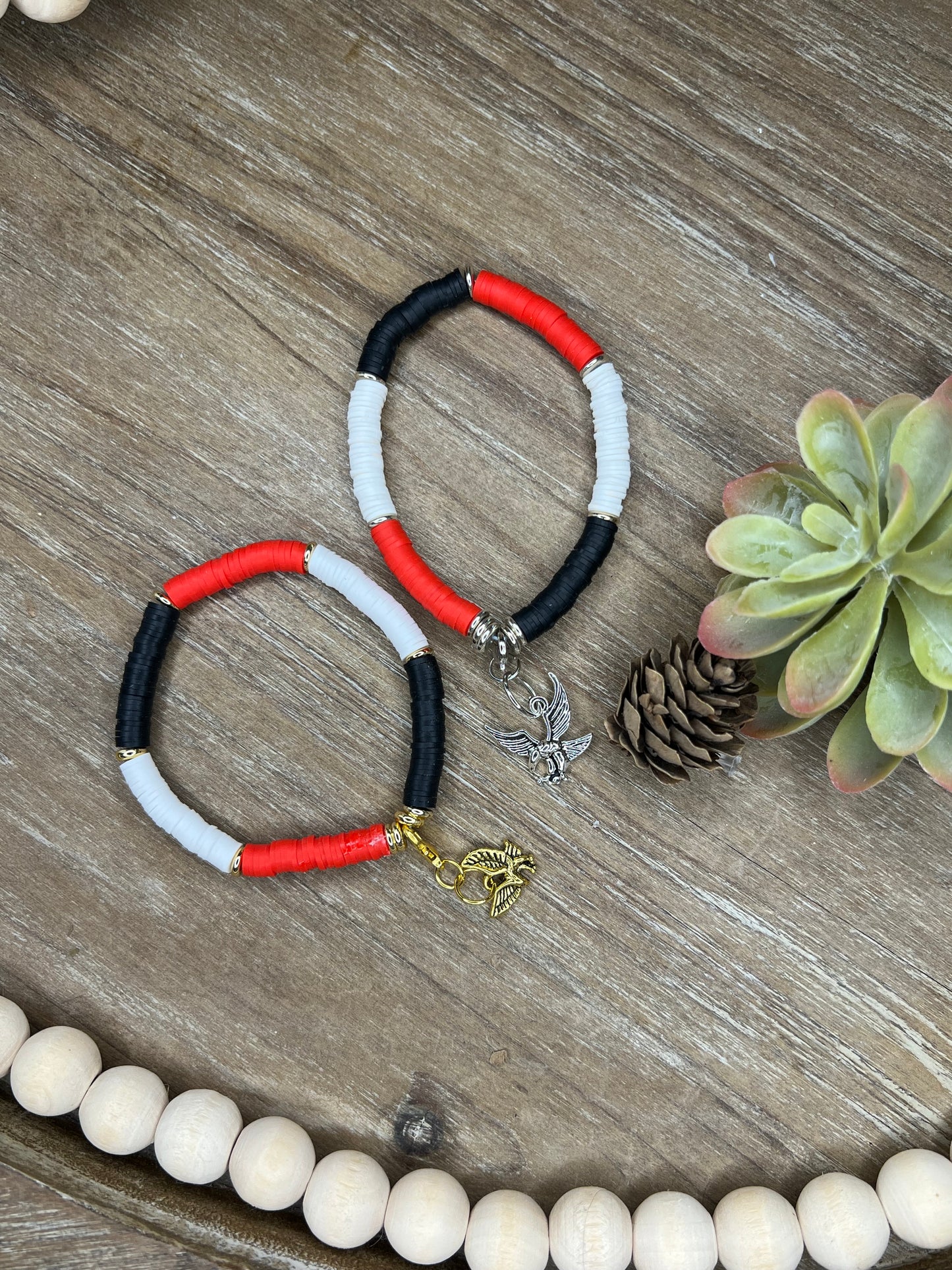 Single Dark Red, Black, and White Heishe Bracelet with Hawk Charm