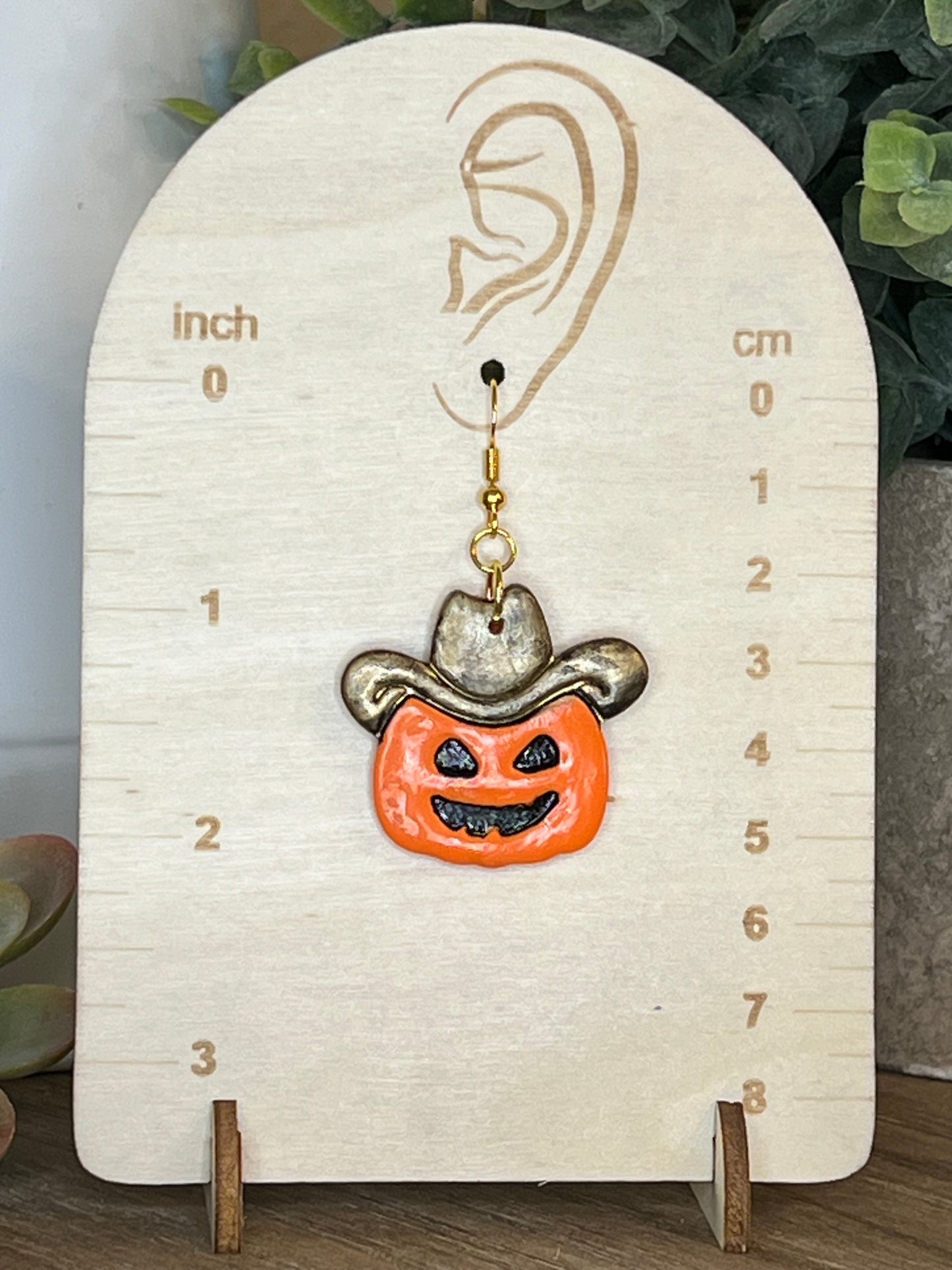 Gold Cowboy Jack-O-Lantern Hook Earrings