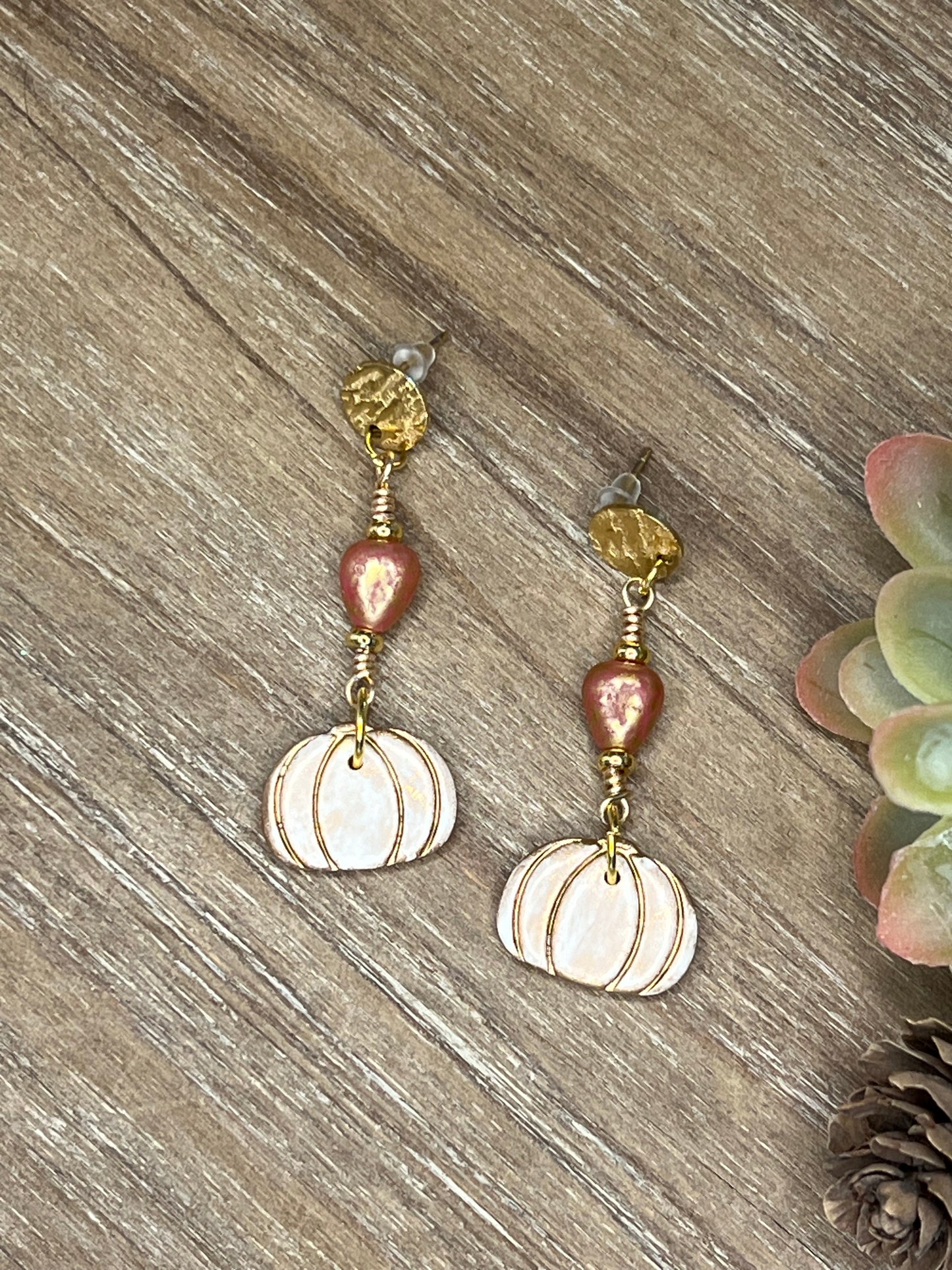 Bronze-Gold Accented White Pumpkin with Czech Glass Bead Accent Hook Earrings