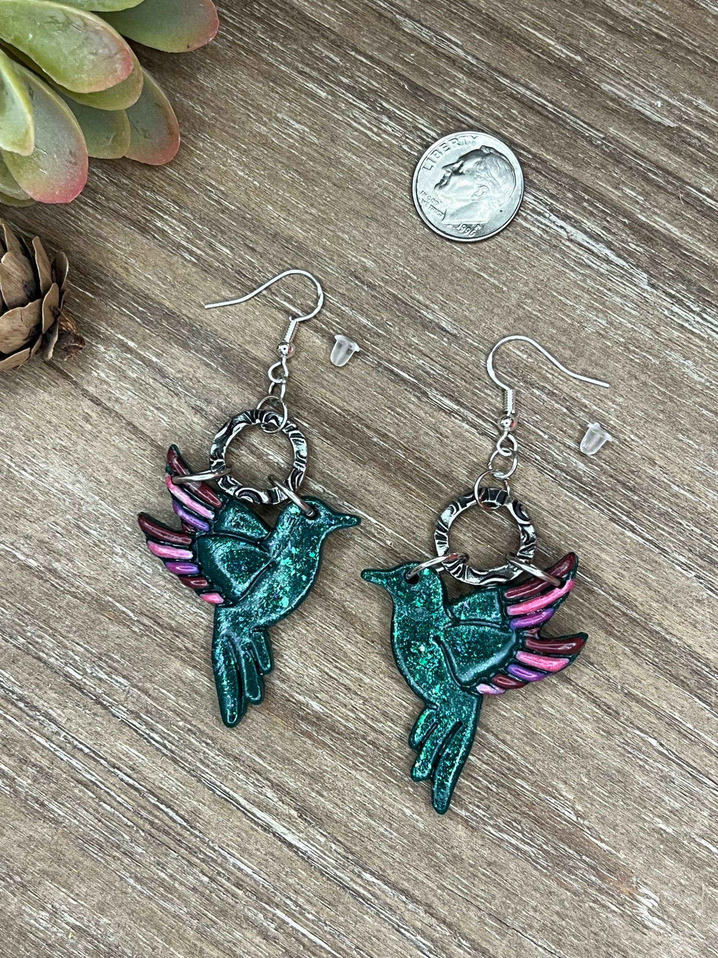 Green Hummingbird Dangle Earrings