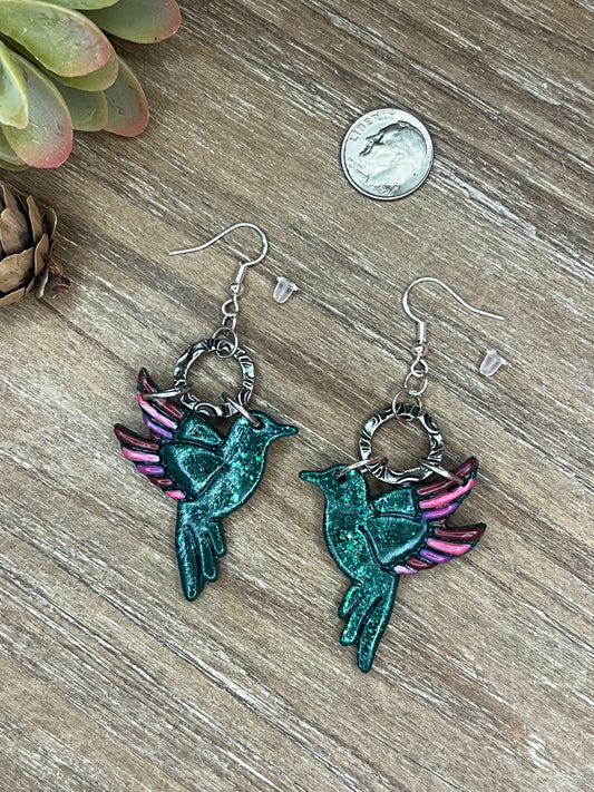 Green Hummingbird Dangle Earrings