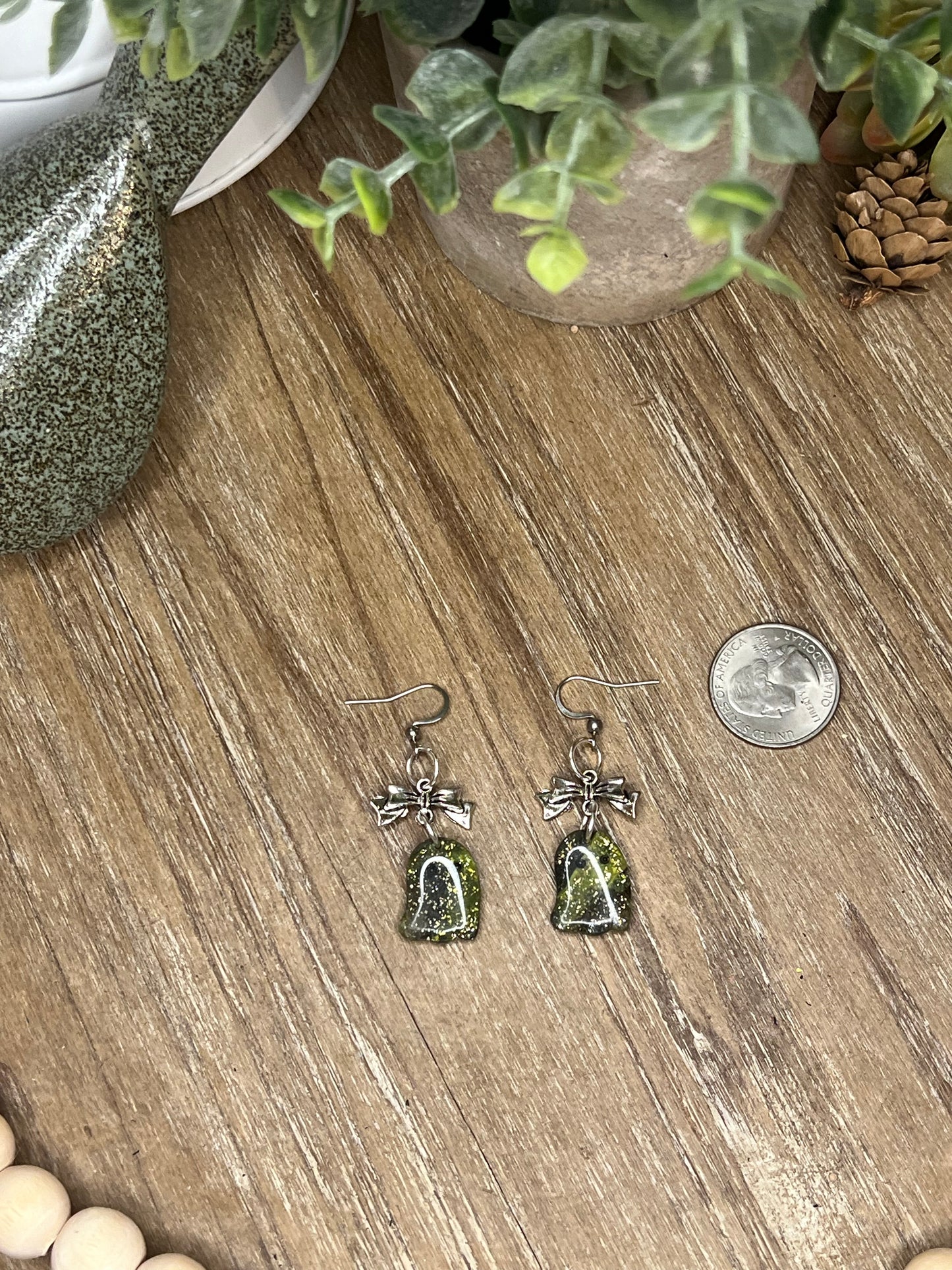 Green and Black Ghost with Silver  Bow Dangle Earrings