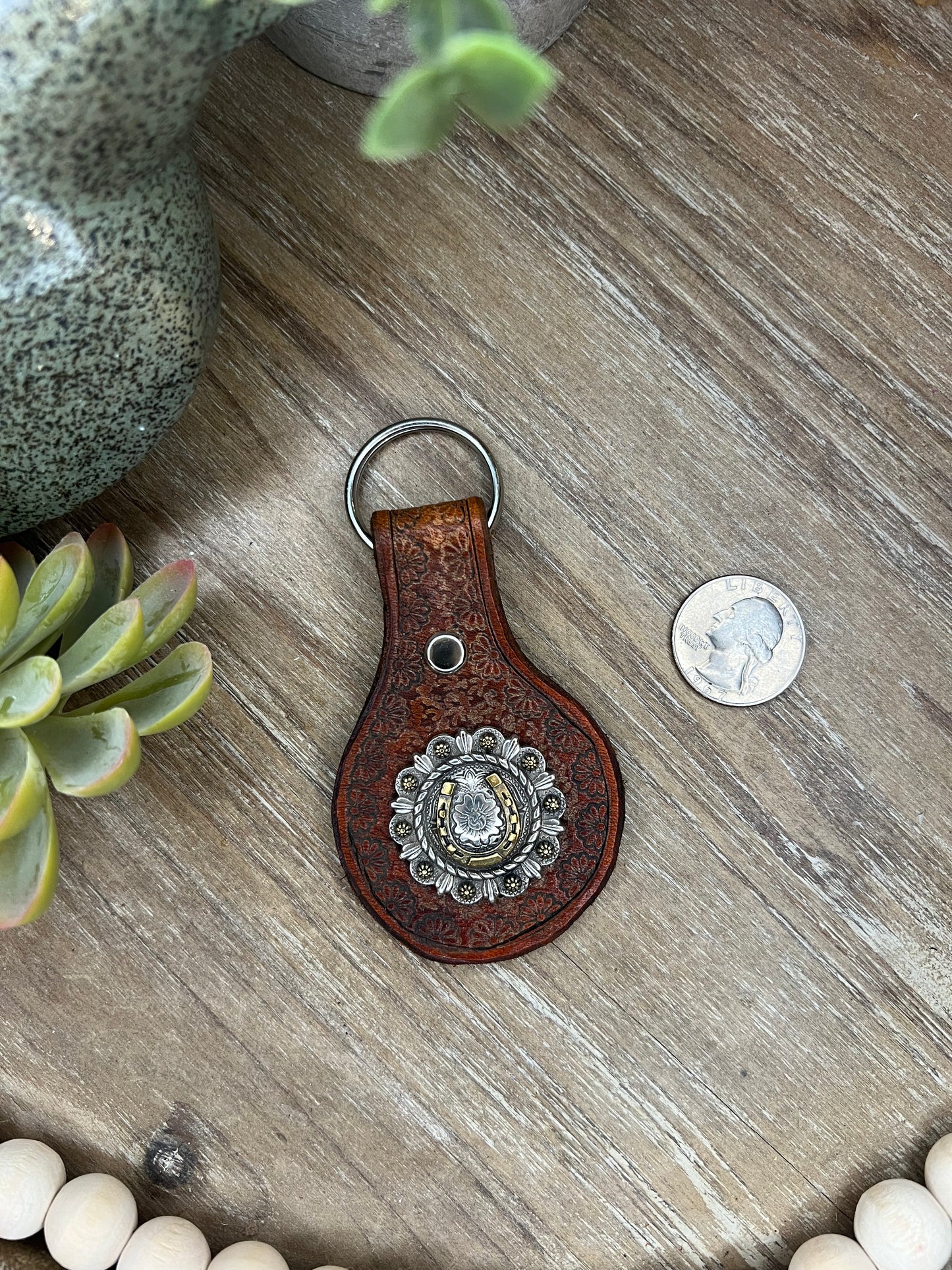 Genuine Leather Hand Tooled Keychain with 1.25 inch Concho (Single Layer of Leather)