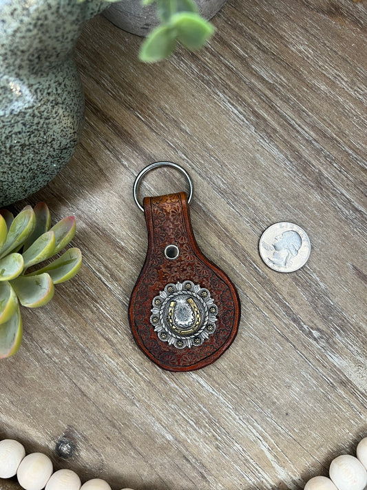 Genuine Leather Hand Tooled Keychain with 1.25 inch Concho (Single Layer of Leather)