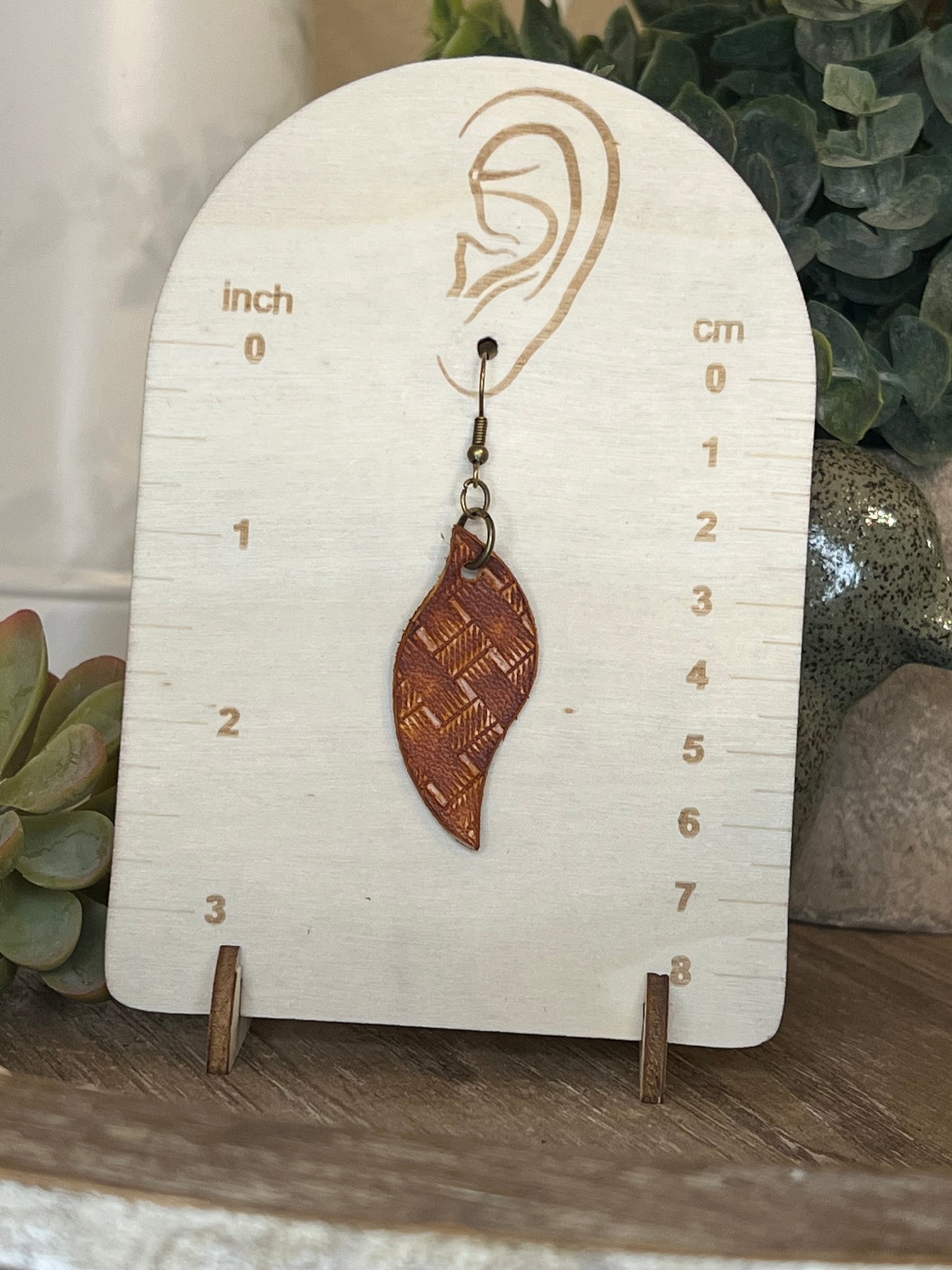 Genuine Leather Hand Tooled Small Leaf Shaped Dangle Earring