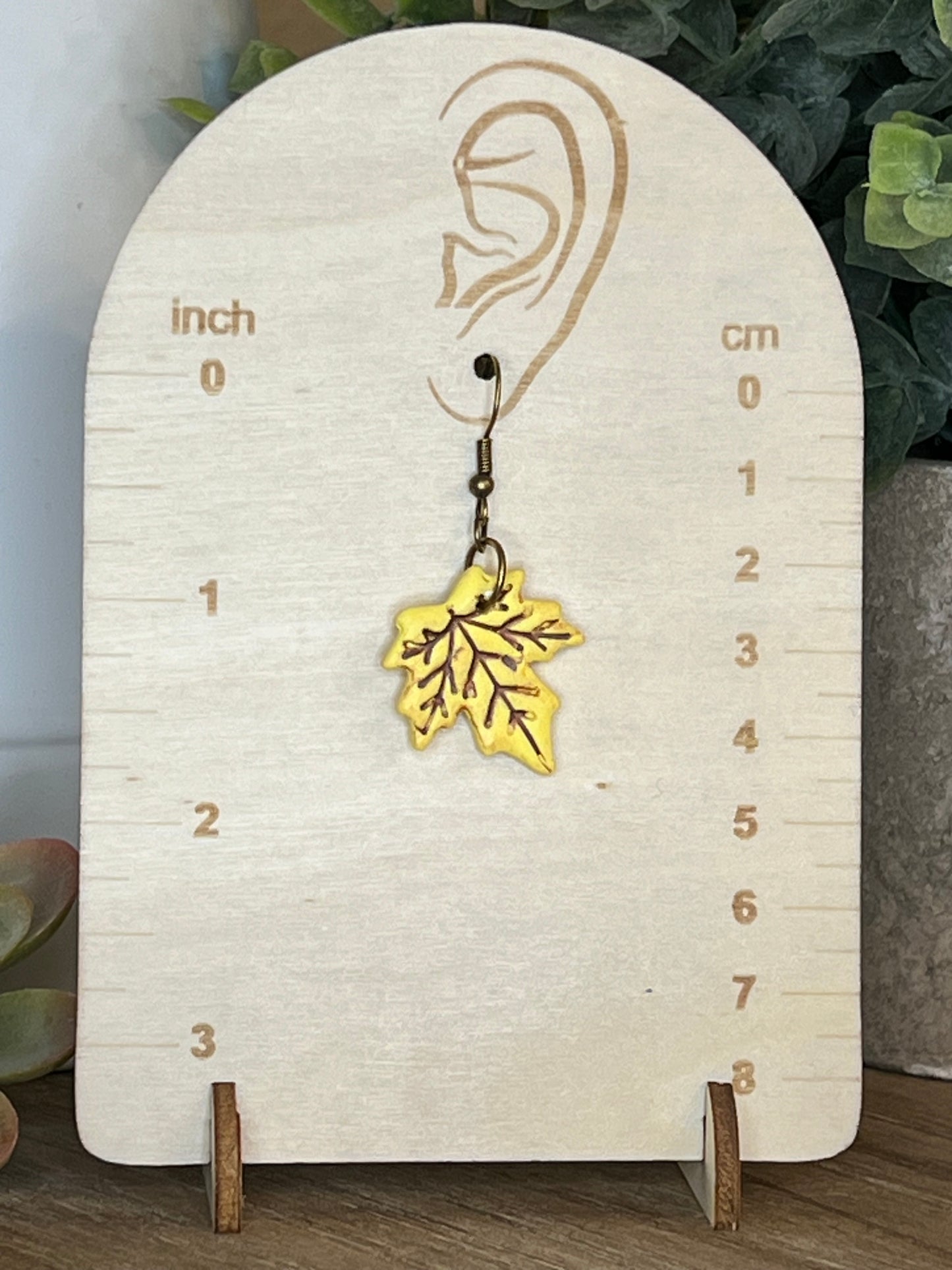 Bronze Medium Yellow Fall Leaf Dangle Earrings