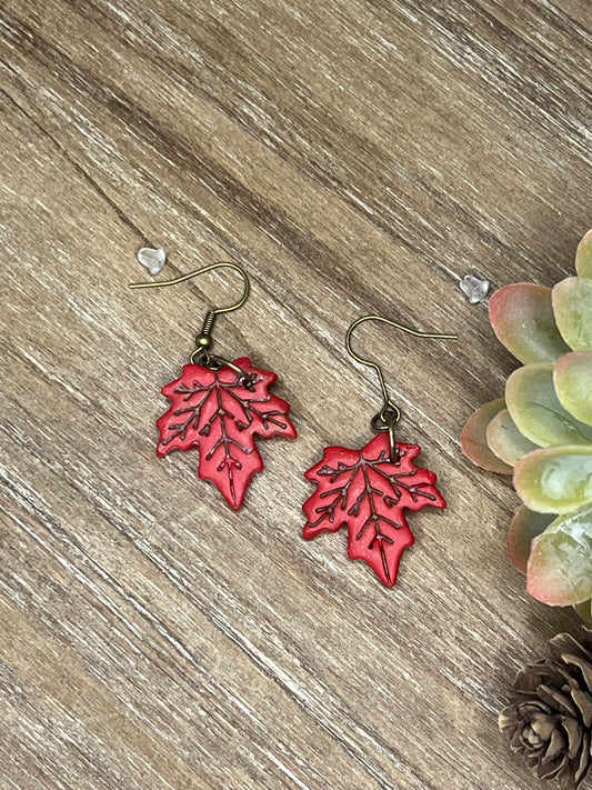 Bronze Medium Dark Red Fall Leaf Dangle Earrings