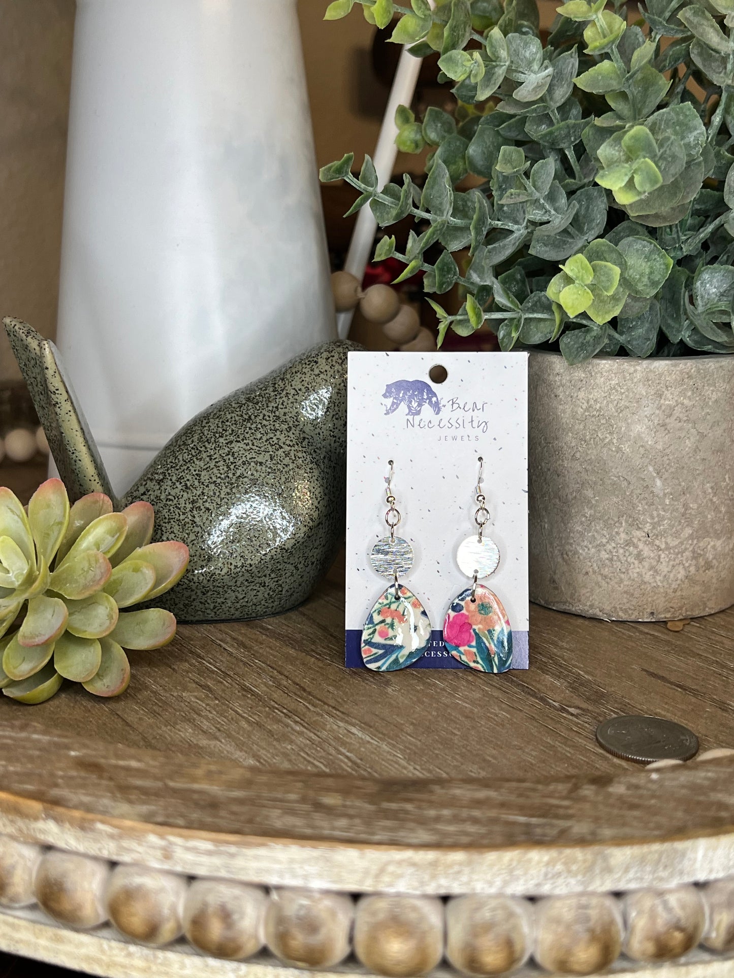 Navy and Hammered Silver Floral Earrings