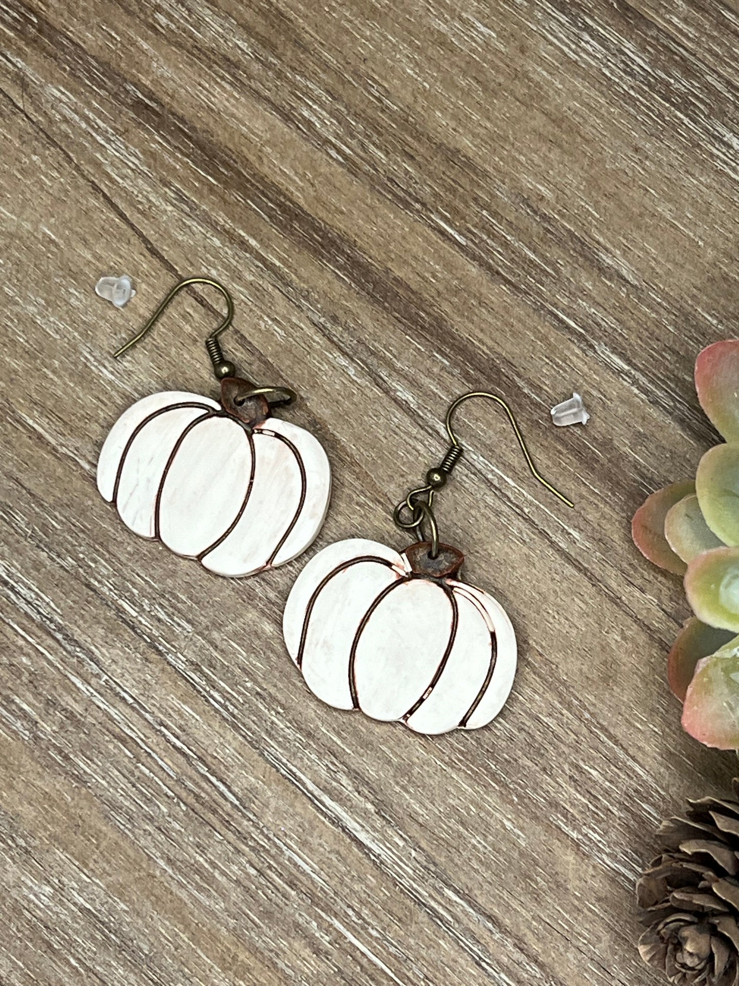 Bronze Accented White Round Pumpkin Hook Earrings