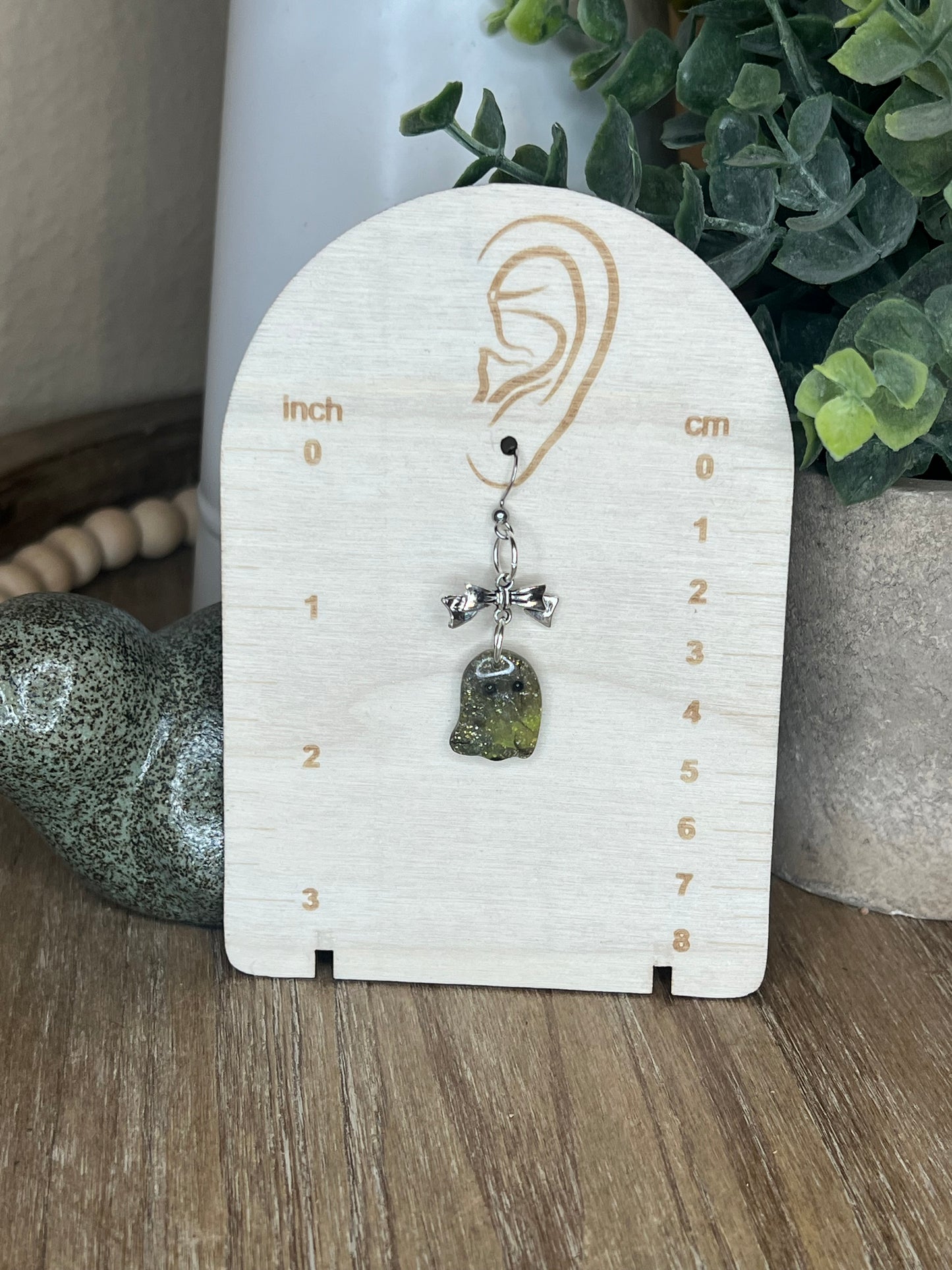 Green and Black Ghost with Silver  Bow Dangle Earrings