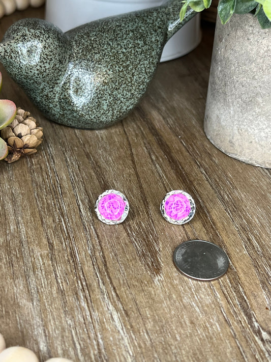 Purple Lace Stud Earrings in Embedded Silver Bezel