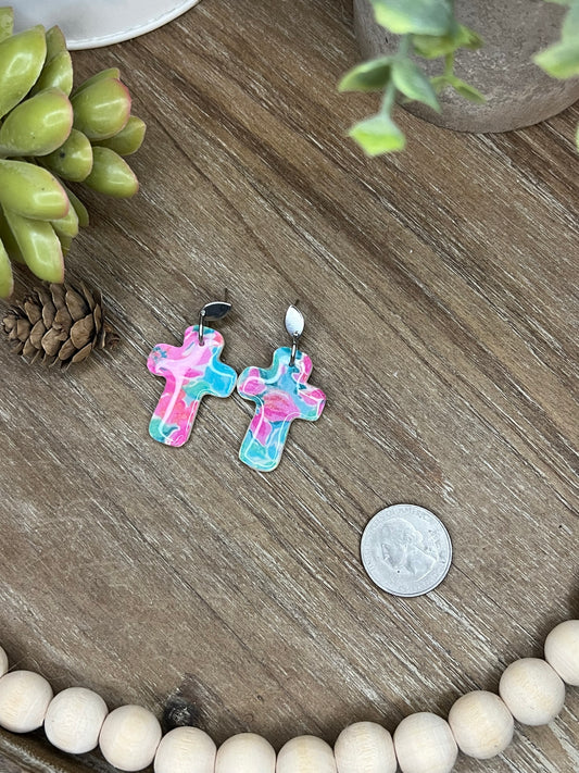 Pink, Blue, and Green Dangle Cross Earrings