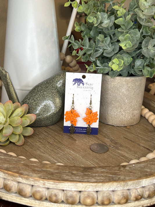 Orange Leaf witb Bronze Pinecone Earrings