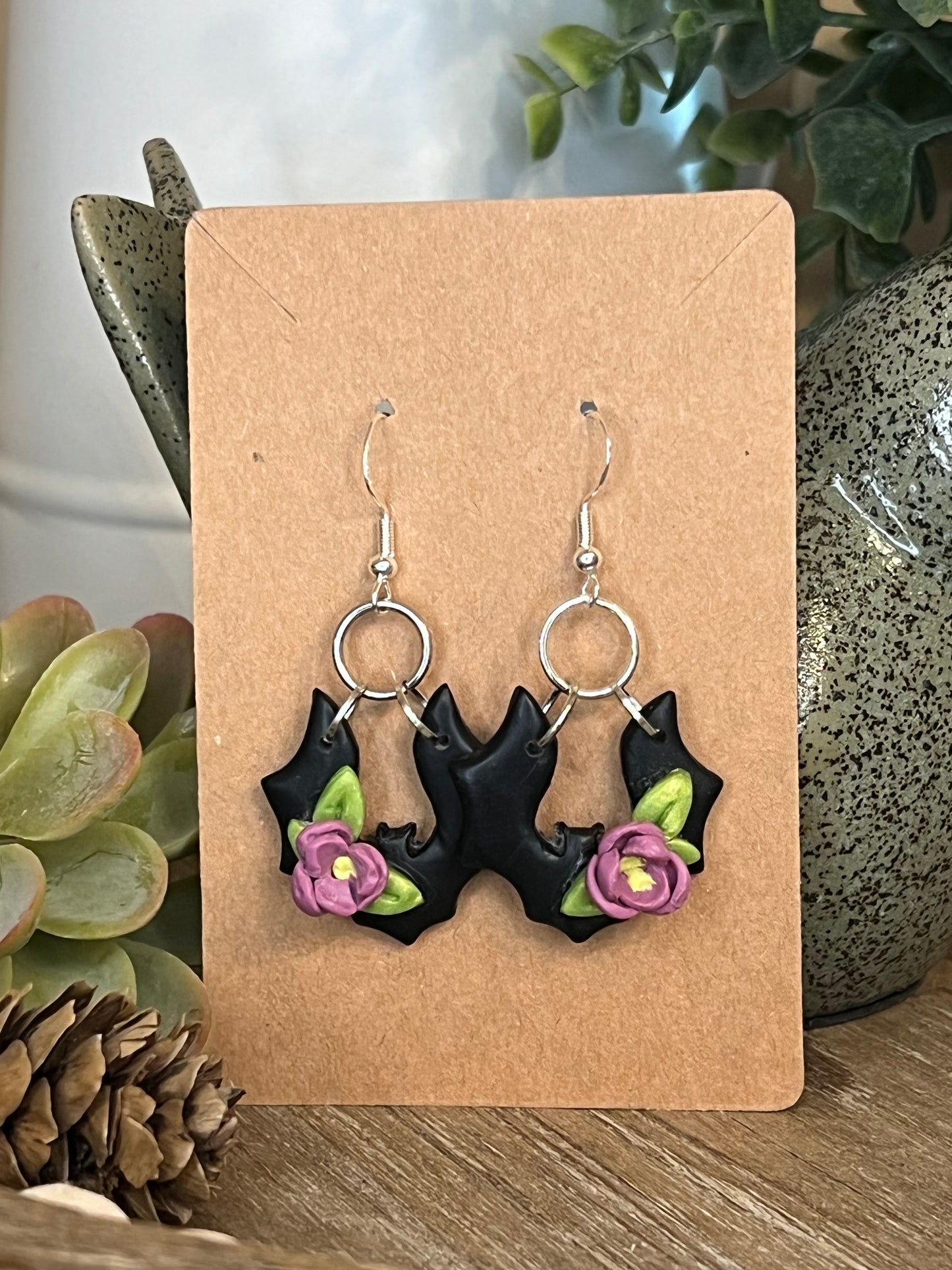 Purple Flower Bat Dangle Earrings