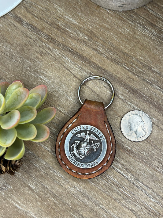 Genuine Leather Hand Stitched Keychain with Marine Corp 1.25 inch Concho (Double Layer of Leather)