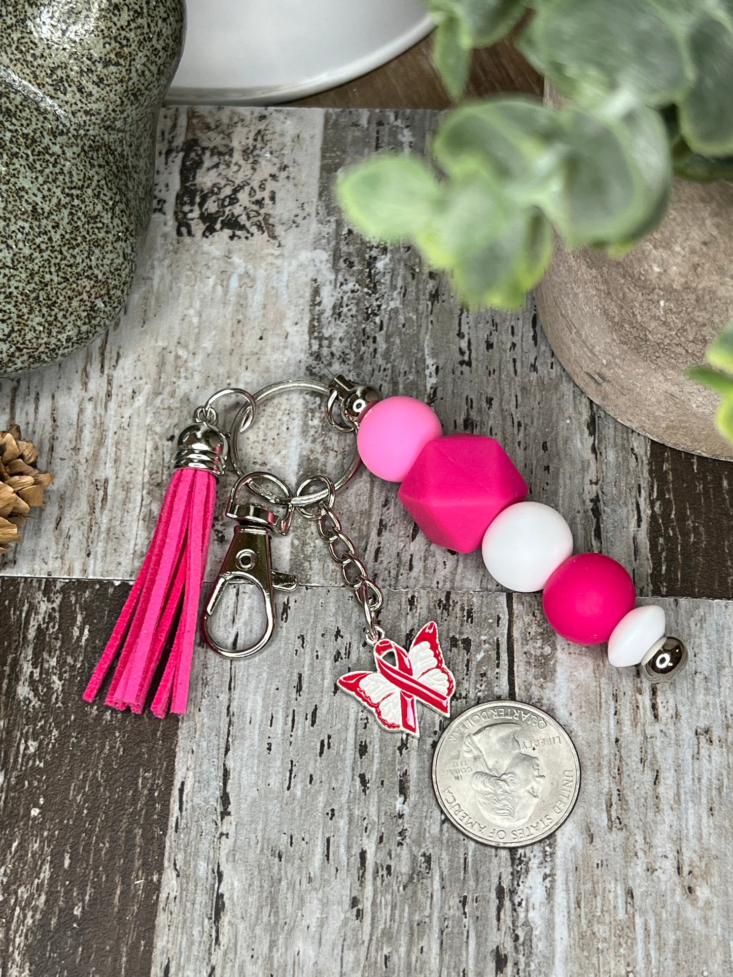 Fuschia, Pink, and White Breast Cancer Awareness Keychain