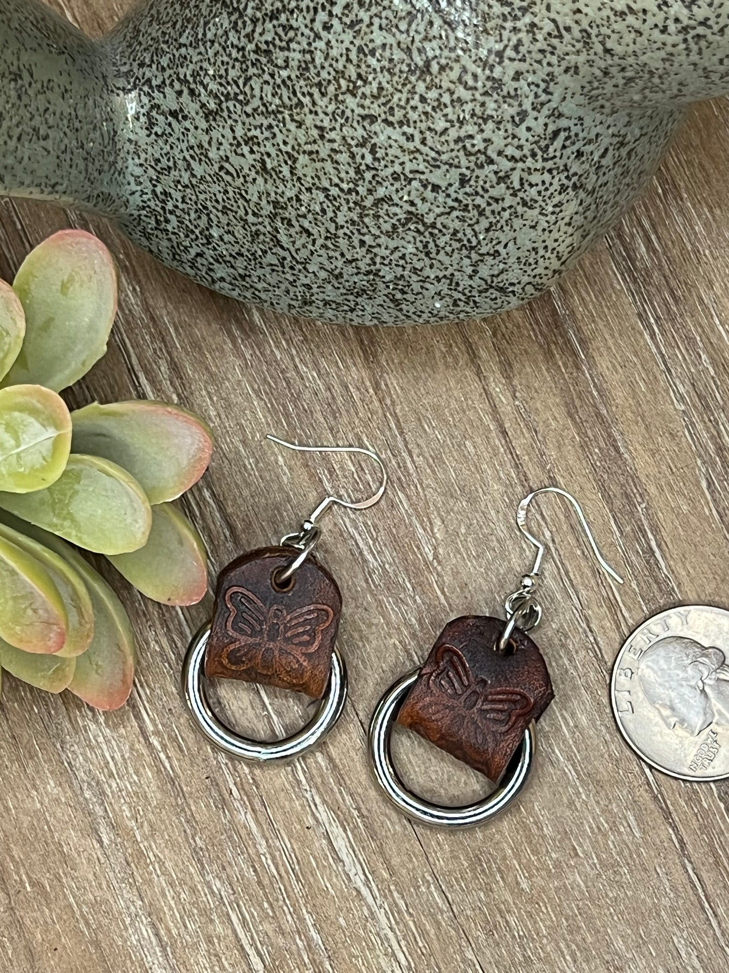 Genuine Leather Hand Tooled Butterfly and Silver Dangle Earring