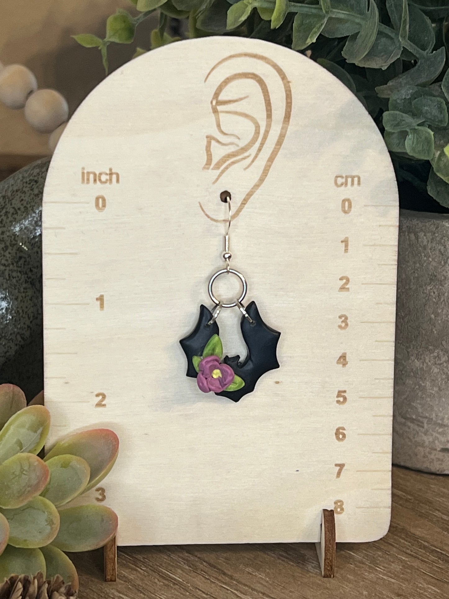 Purple Flower Bat Dangle Earrings