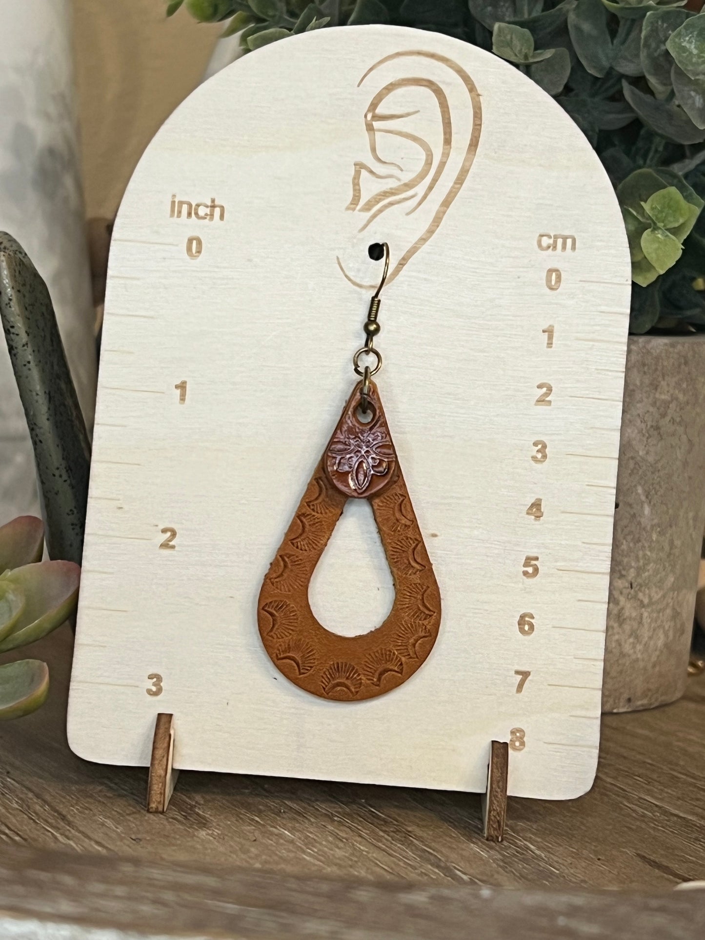 Genuine Leather Hand Tooled Tear Drop Shaped Dangle Earring