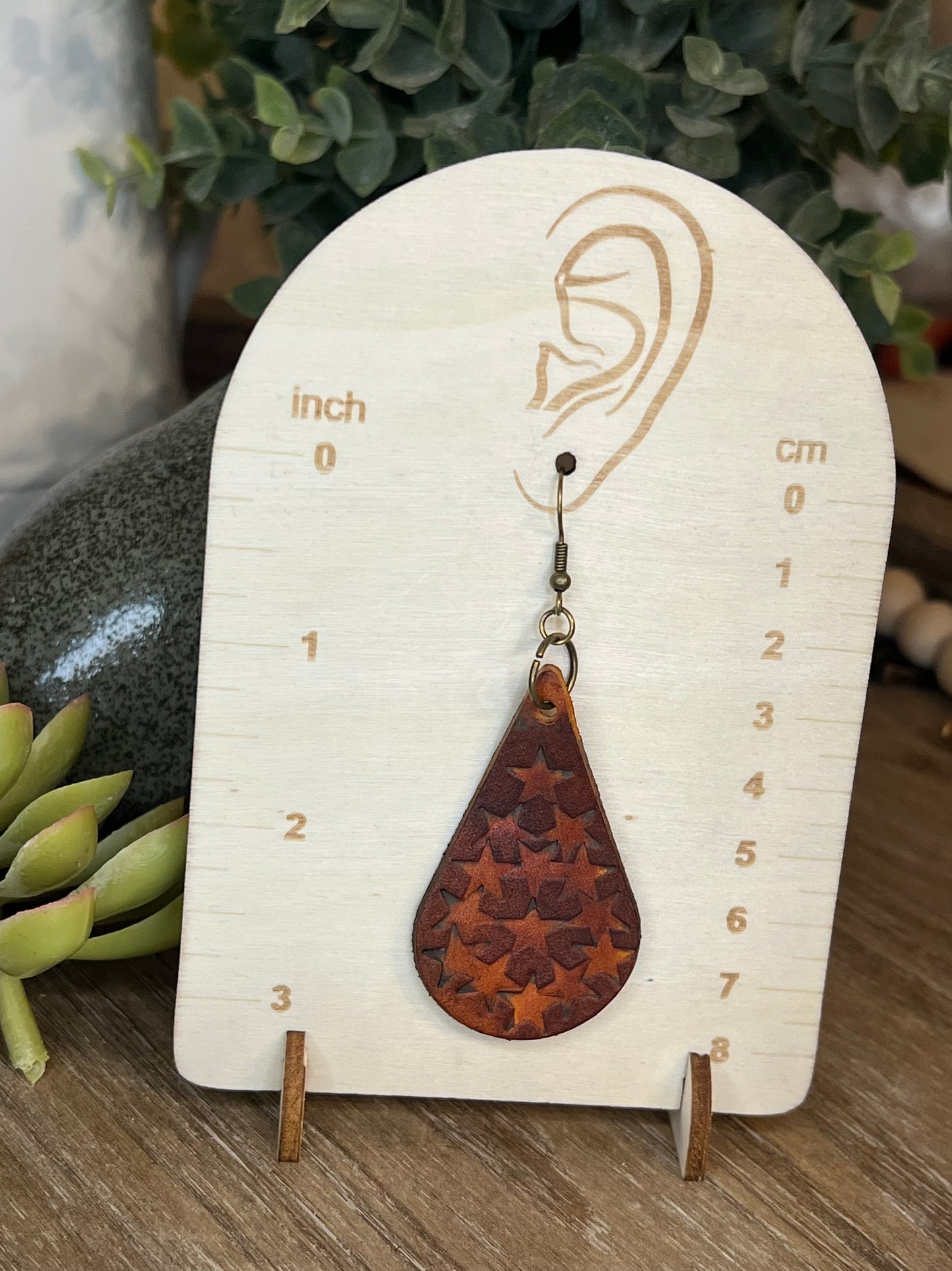 Genuine Leather Hand Tooled Star Tear Drop Shaped Dangle Earring