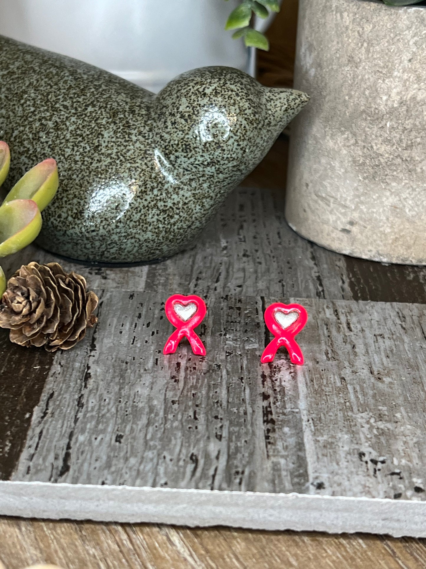 Hot Pink and Silver Heart Ribbon Stud Earrings