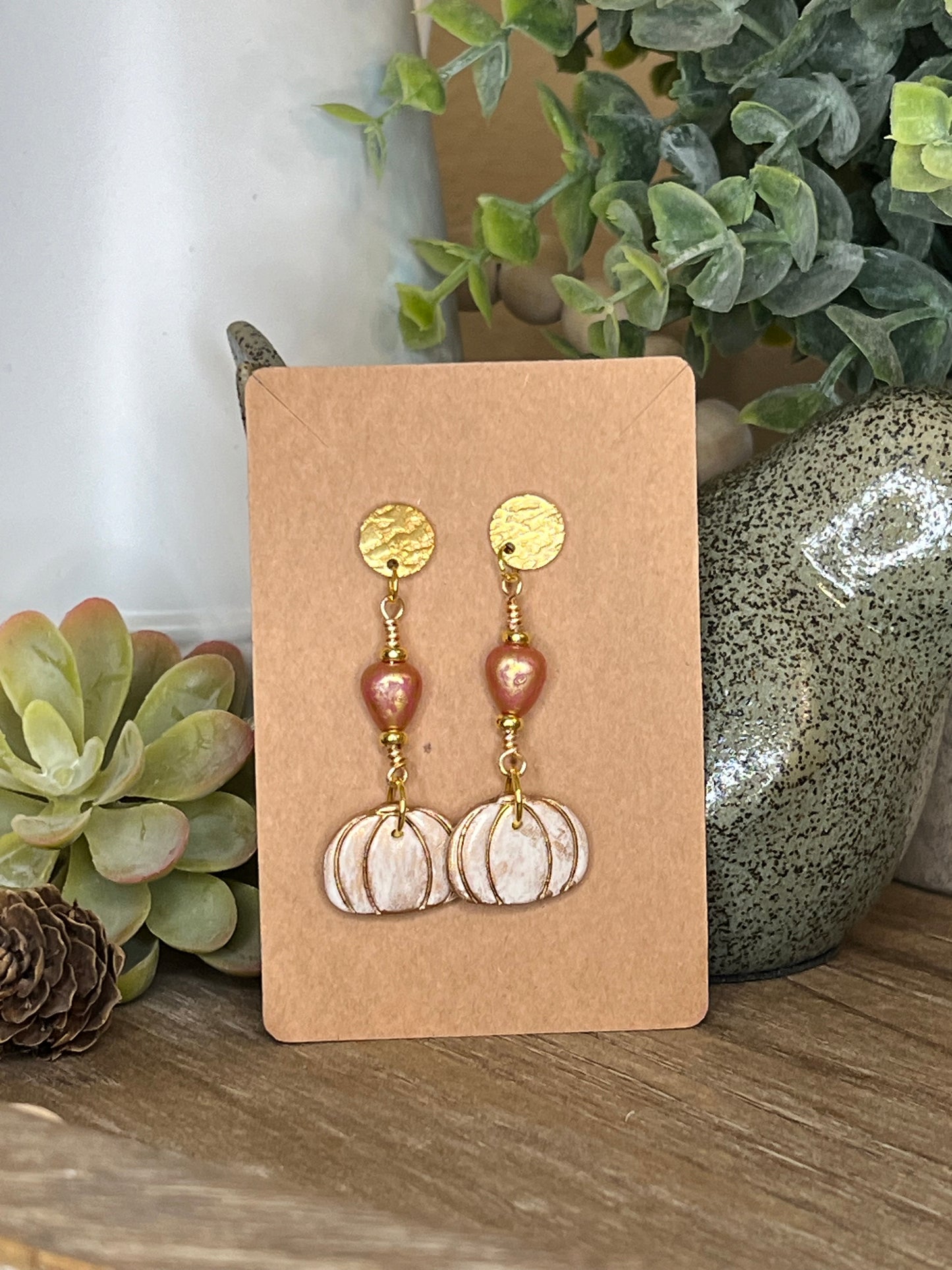 Bronze-Gold Accented White Pumpkin with Czech Glass Bead Accent Hook Earrings