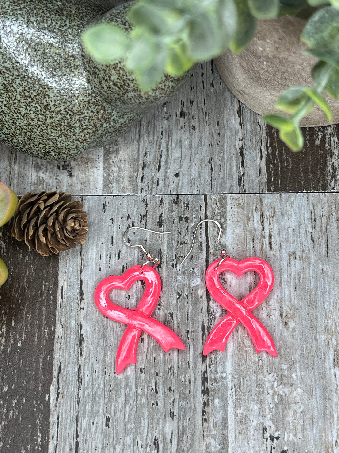 Pink Heart Ribbon Earrings