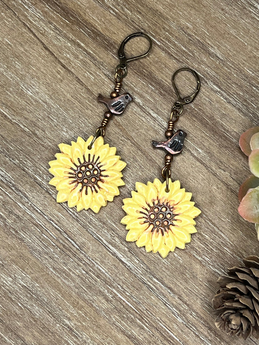 Bronze Accented Little Birdie Sunflower Dangle Earrings