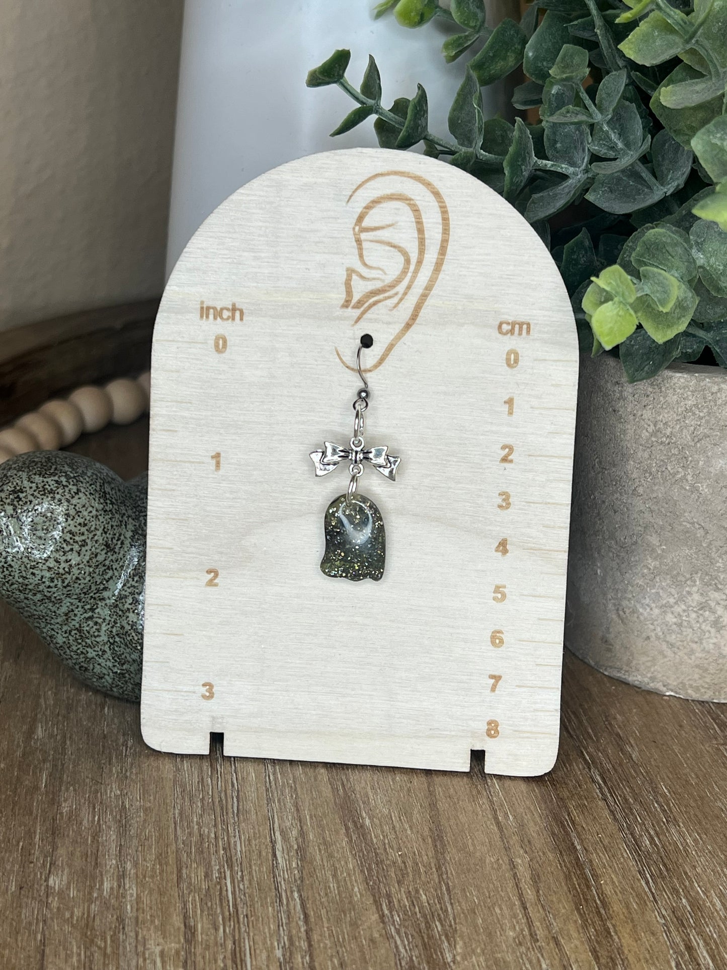 Green and Black Ghost with Silver  Bow Dangle Earrings