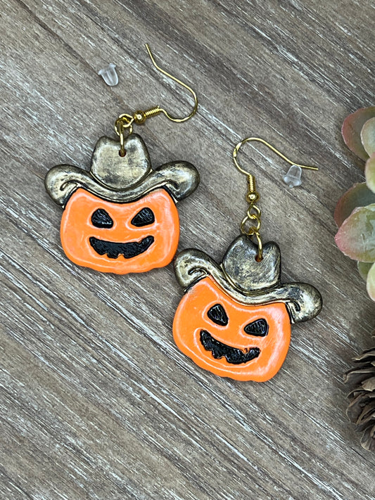 Gold Cowboy Jack-O-Lantern Hook Earrings