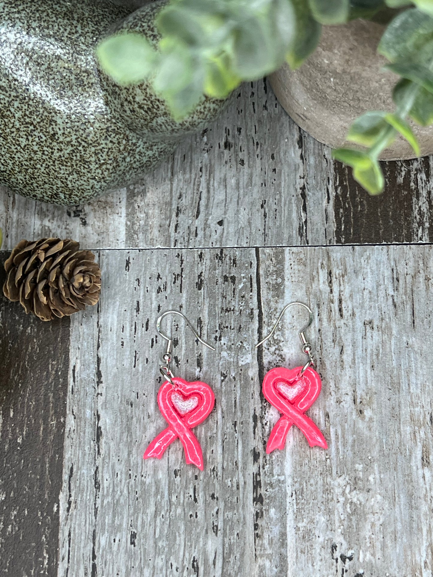 Small Pink Silver Heart Ribbon Earrings