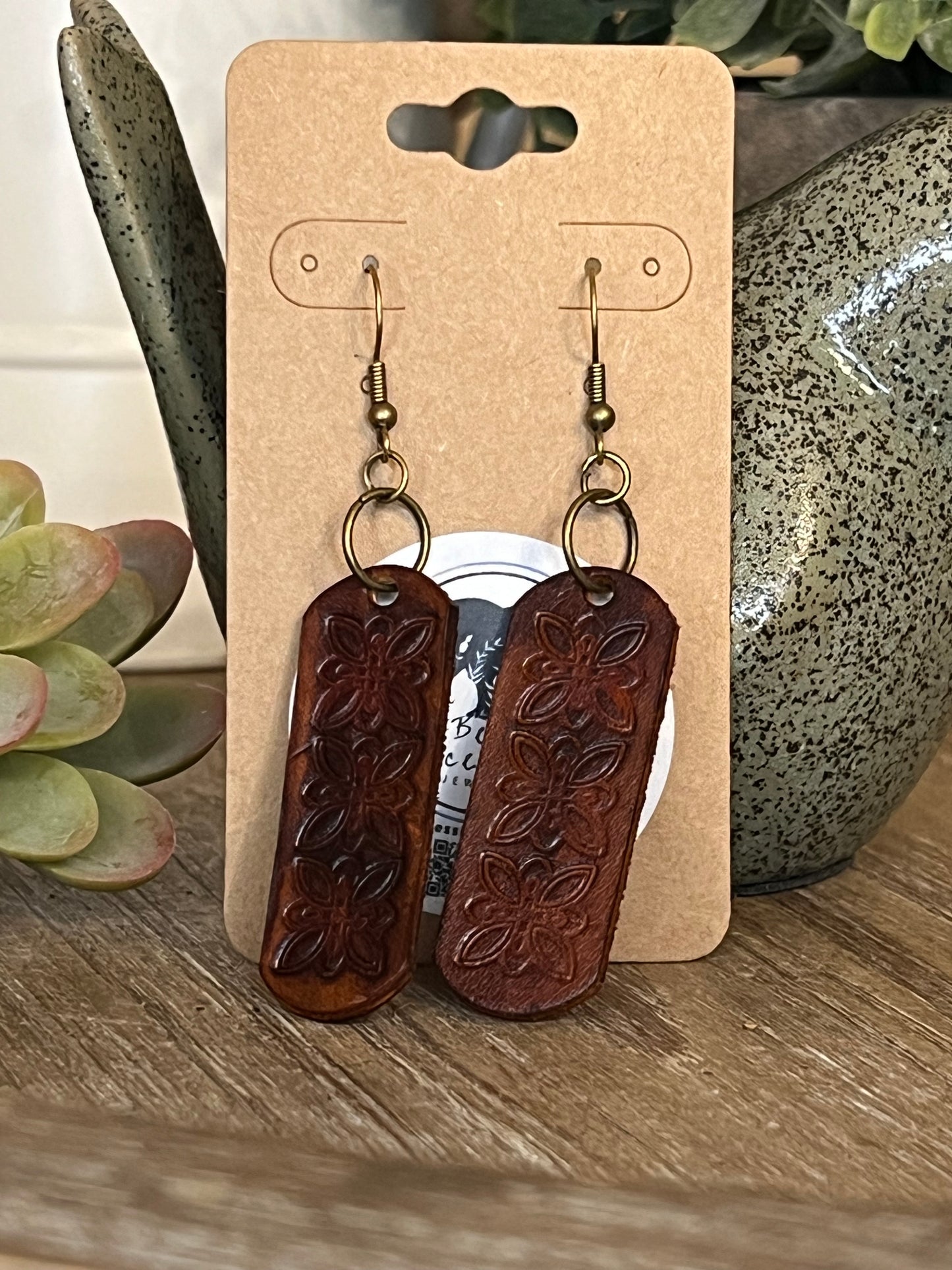 Genuine Leather Hand Tooled Butterfly Bar Dangle Earring