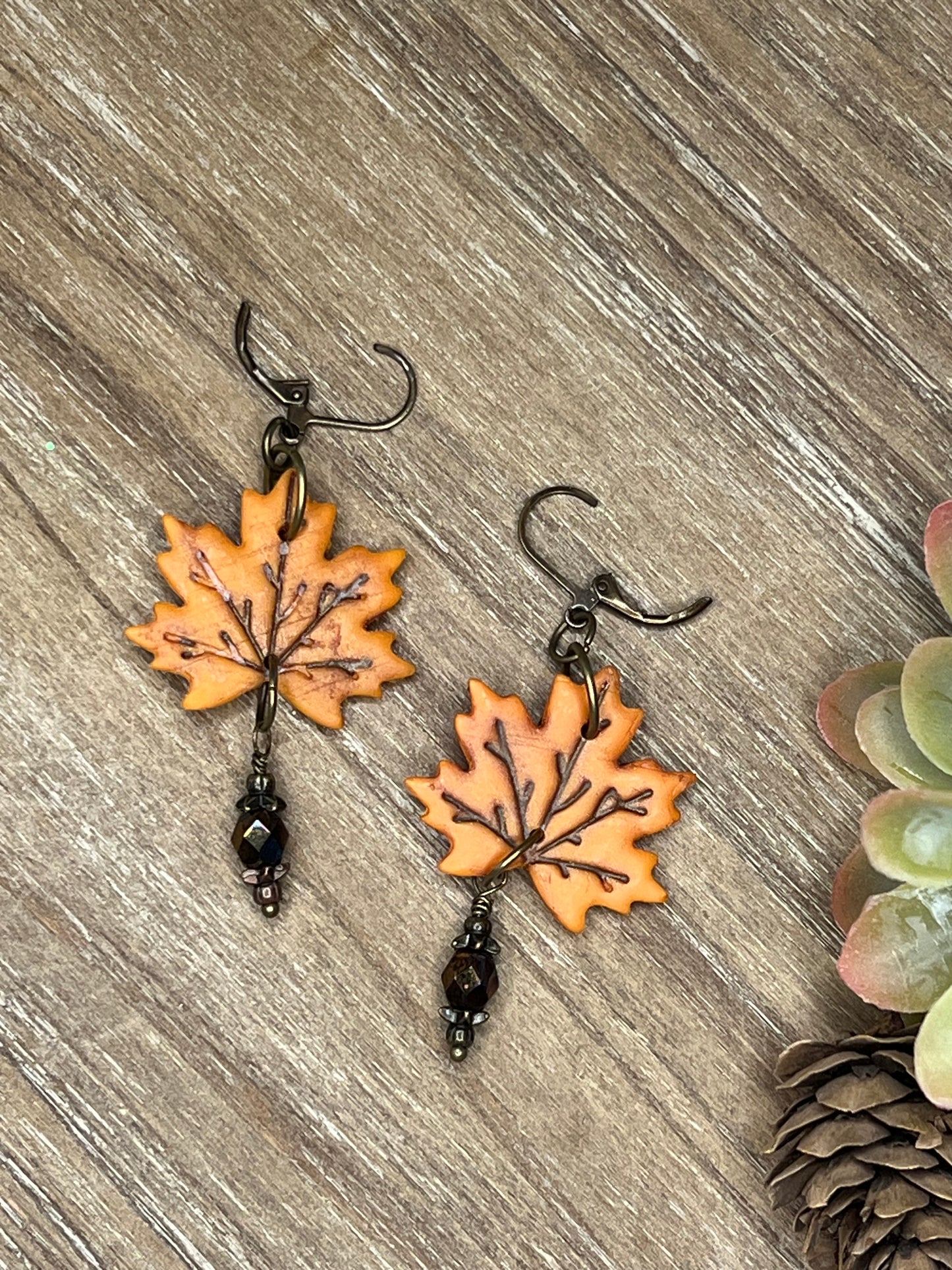 Bronze Large Orange Fall Leaf Dangle Earrings