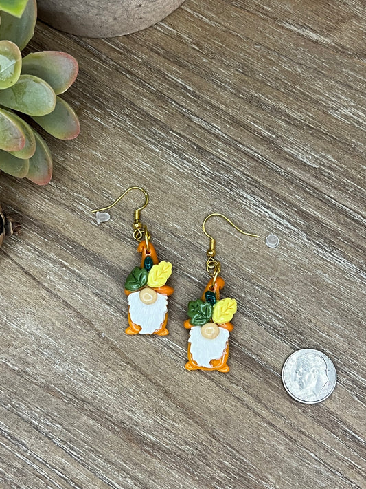 Fall Leaf Gnome Dangle Earrings - Olive