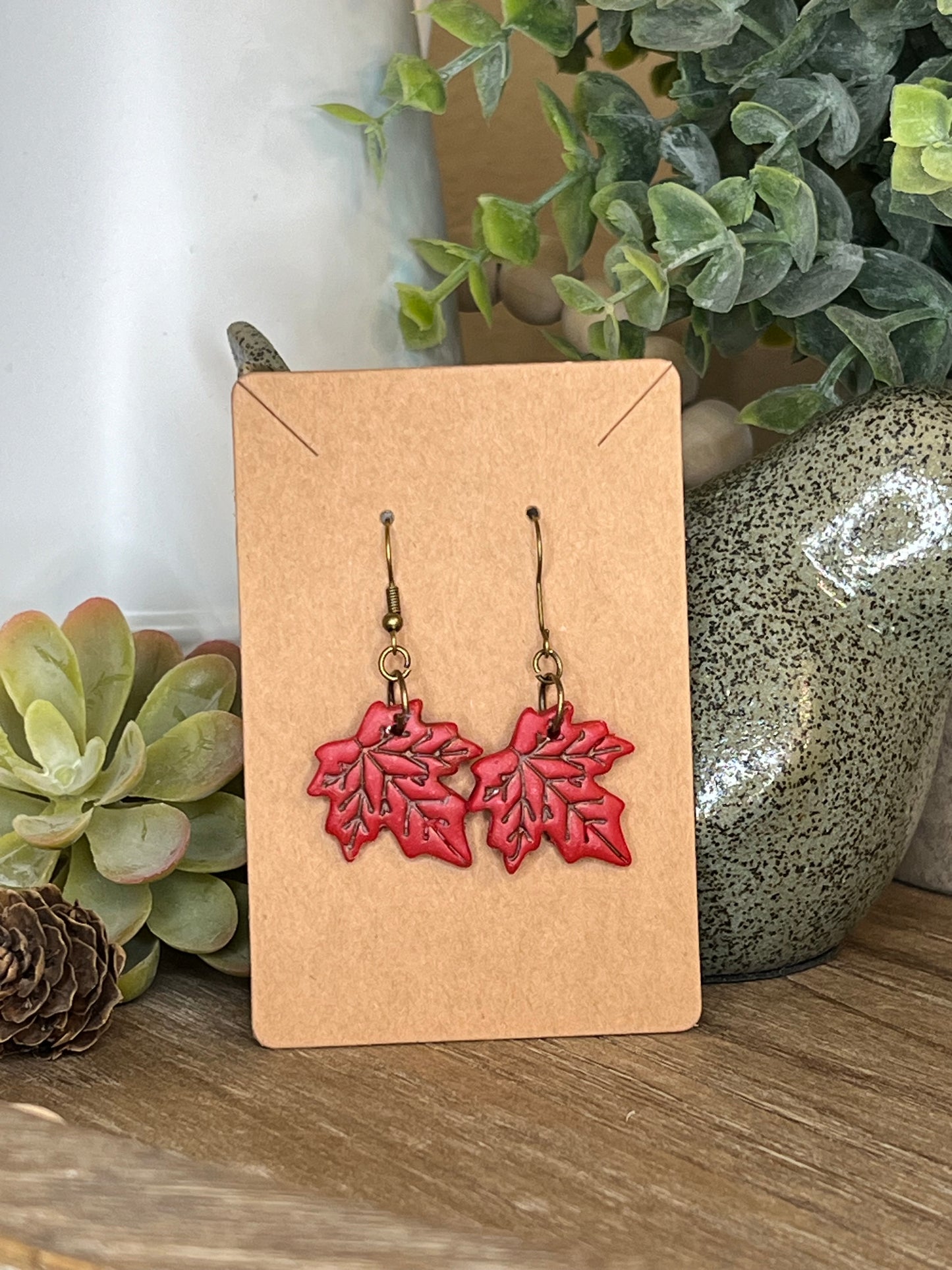 Bronze Medium Dark Red Fall Leaf Dangle Earrings