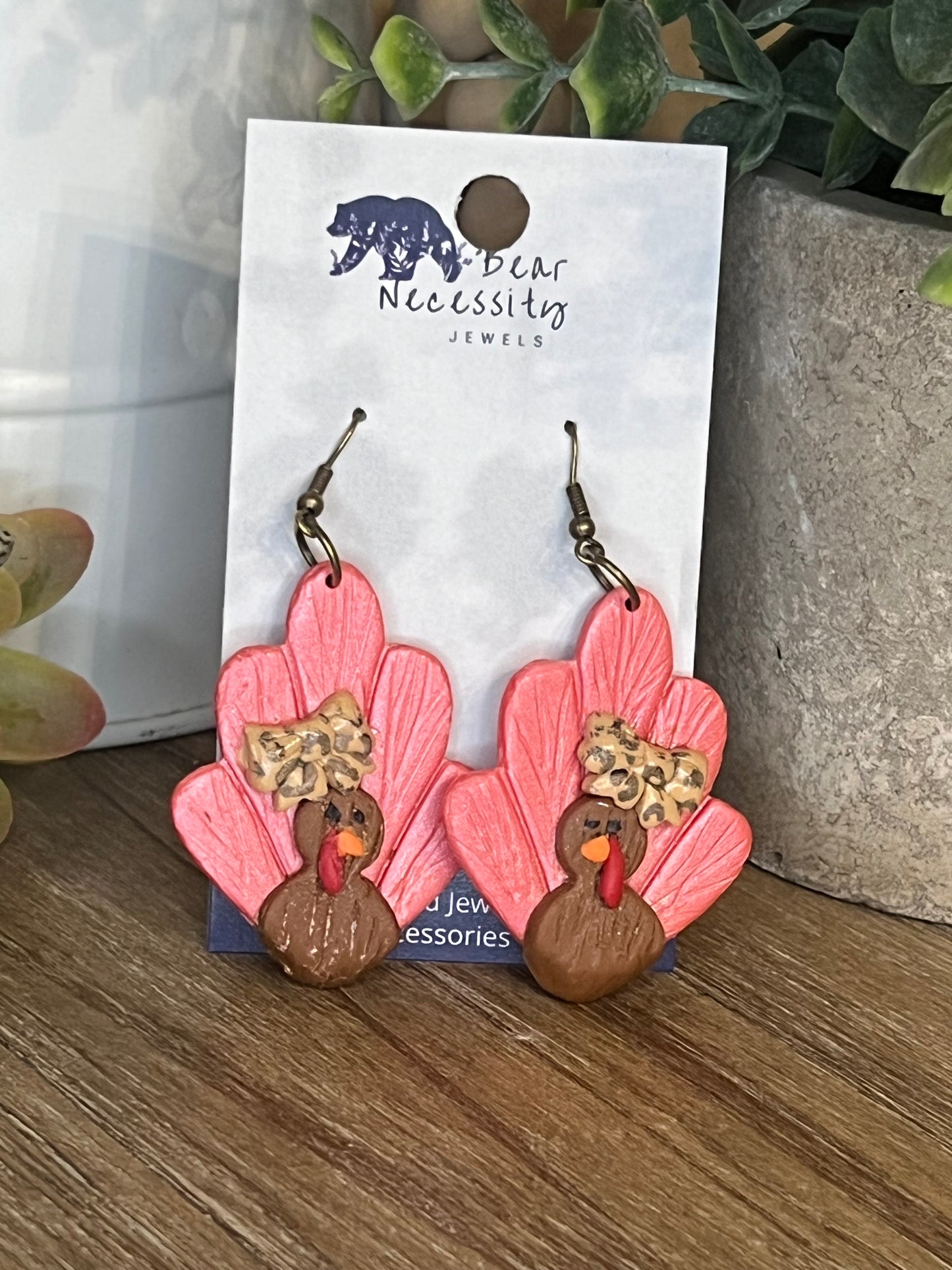 Bronze Embellished Feather Turkey with Leopard Bow Earrings