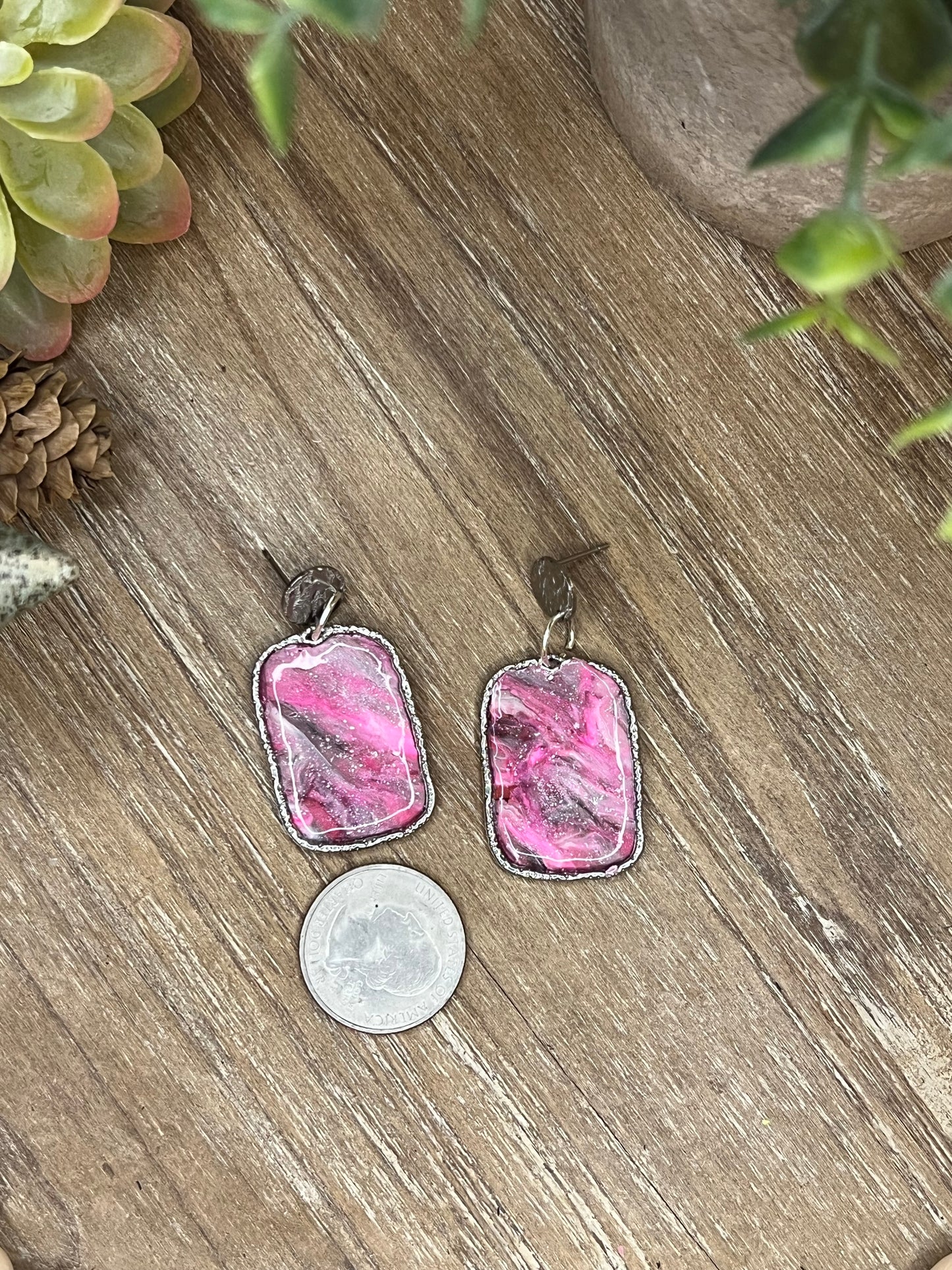 Pink and Silver Marbled Earrings