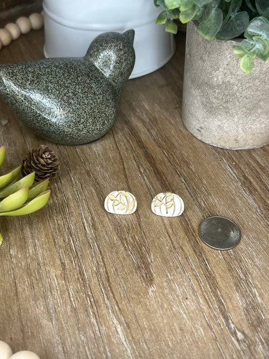 White Pumpkin with Gold Leaves Stud Earrings