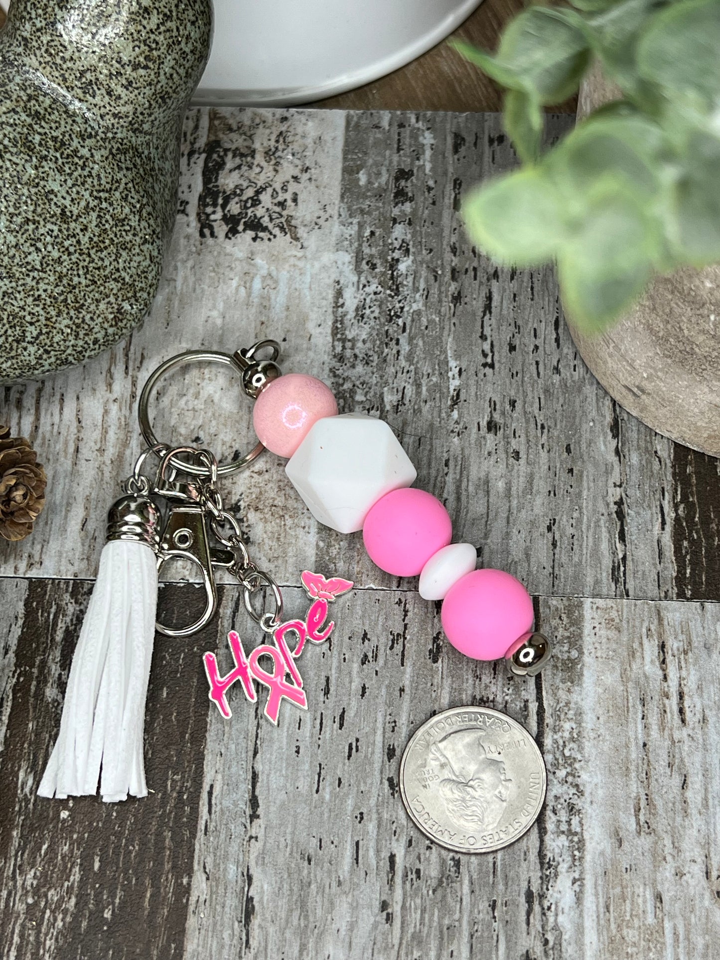 Pink and White Breast Cancer Awareness Keychain