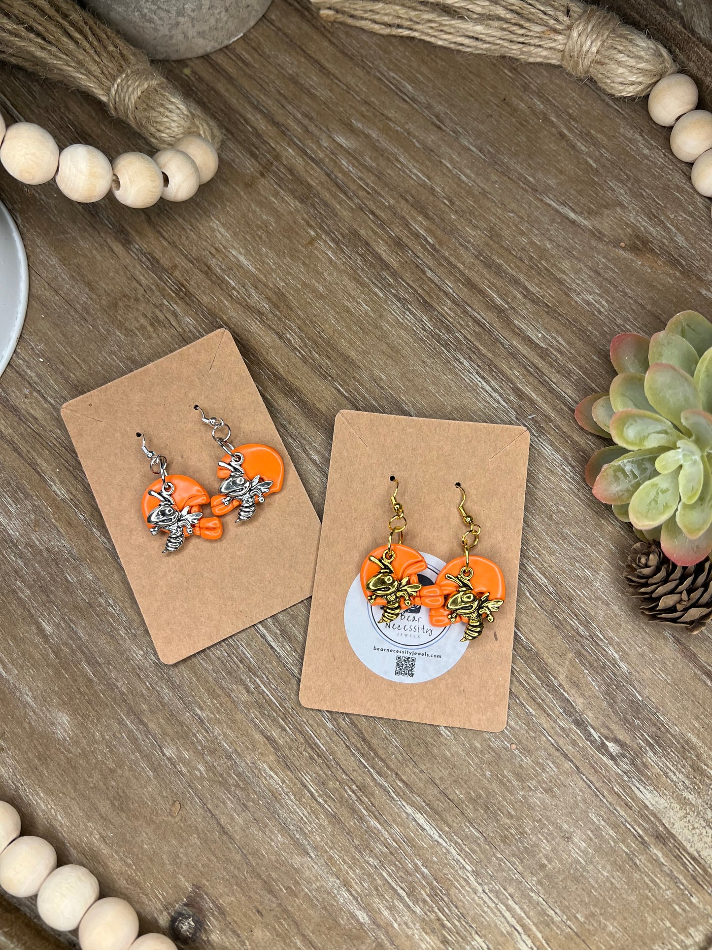 Orange Helmet with Yellowjacket Charm Hook Earrings