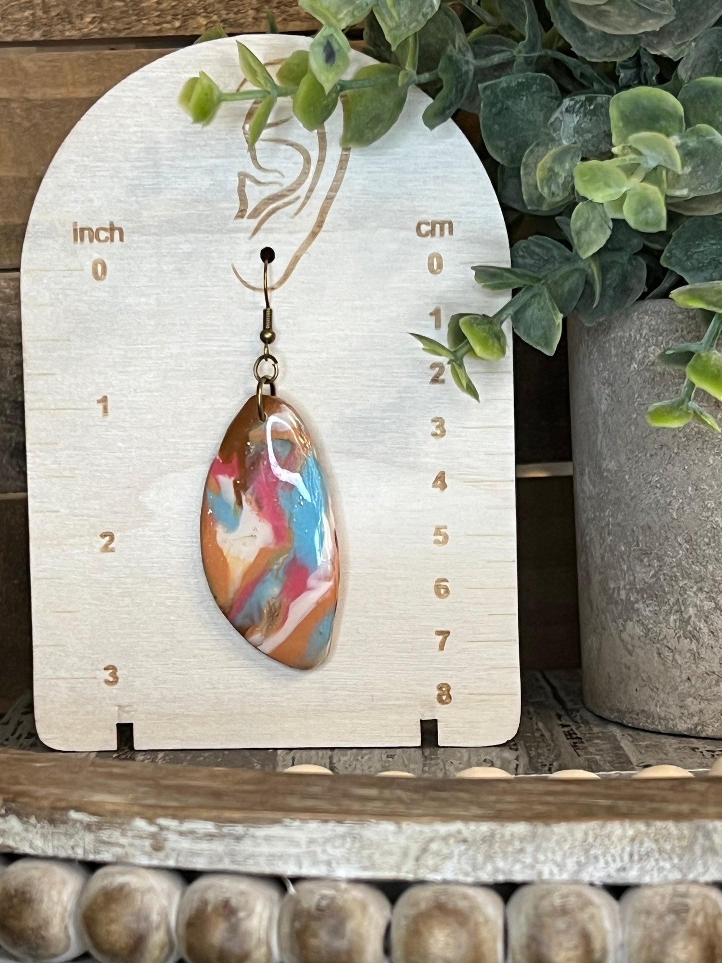 Marbled Pink, Blue, White, and Bronze Dangle Earrings