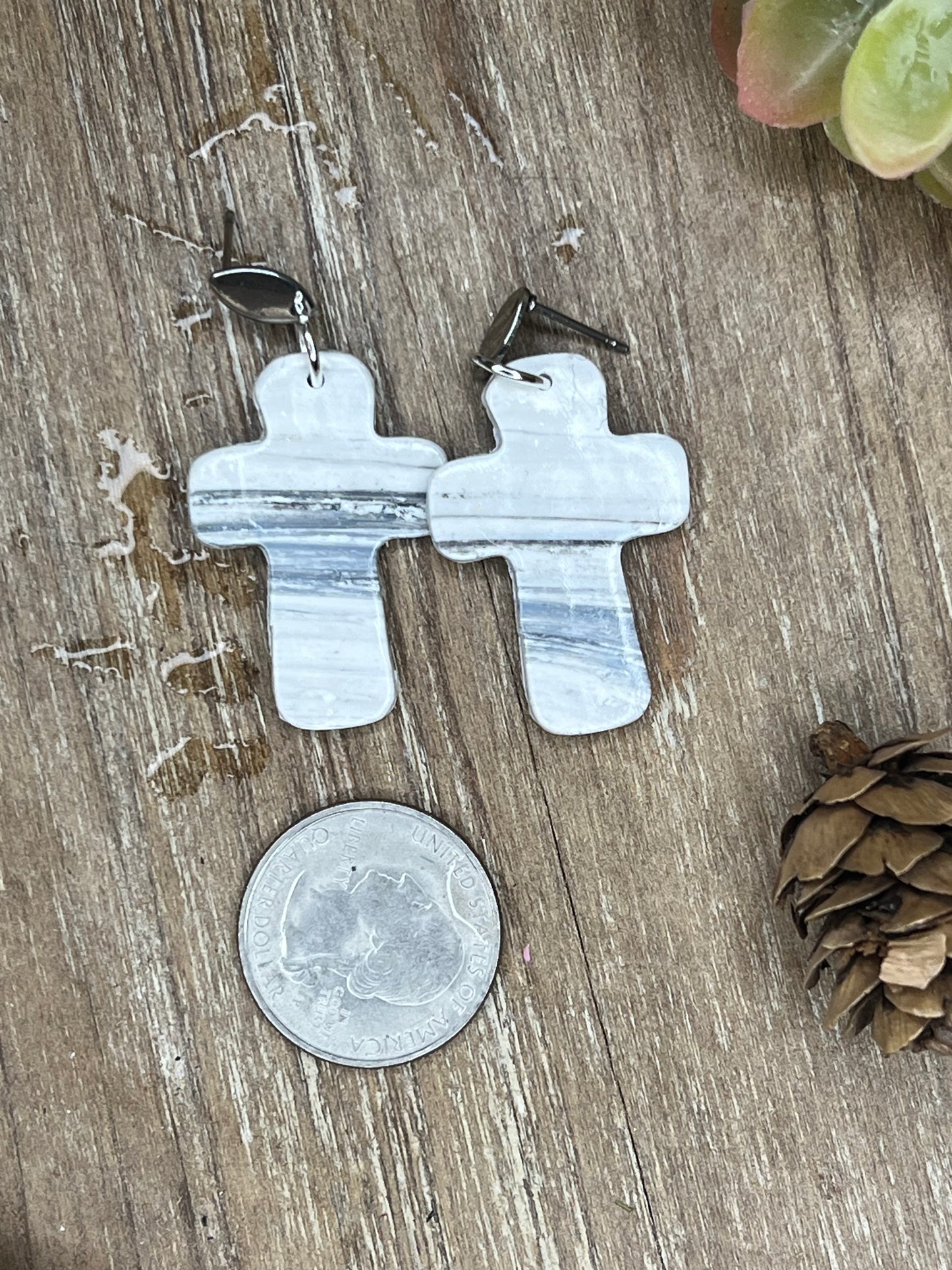 Silver Marbled Cross Earrings