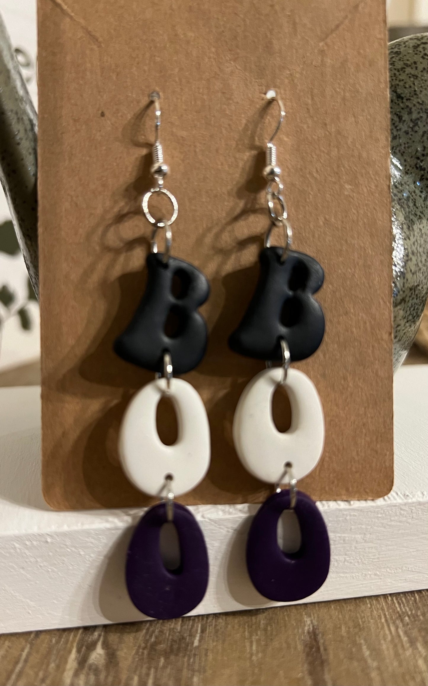 Purple, Black, and White BOO Dangle Earrings