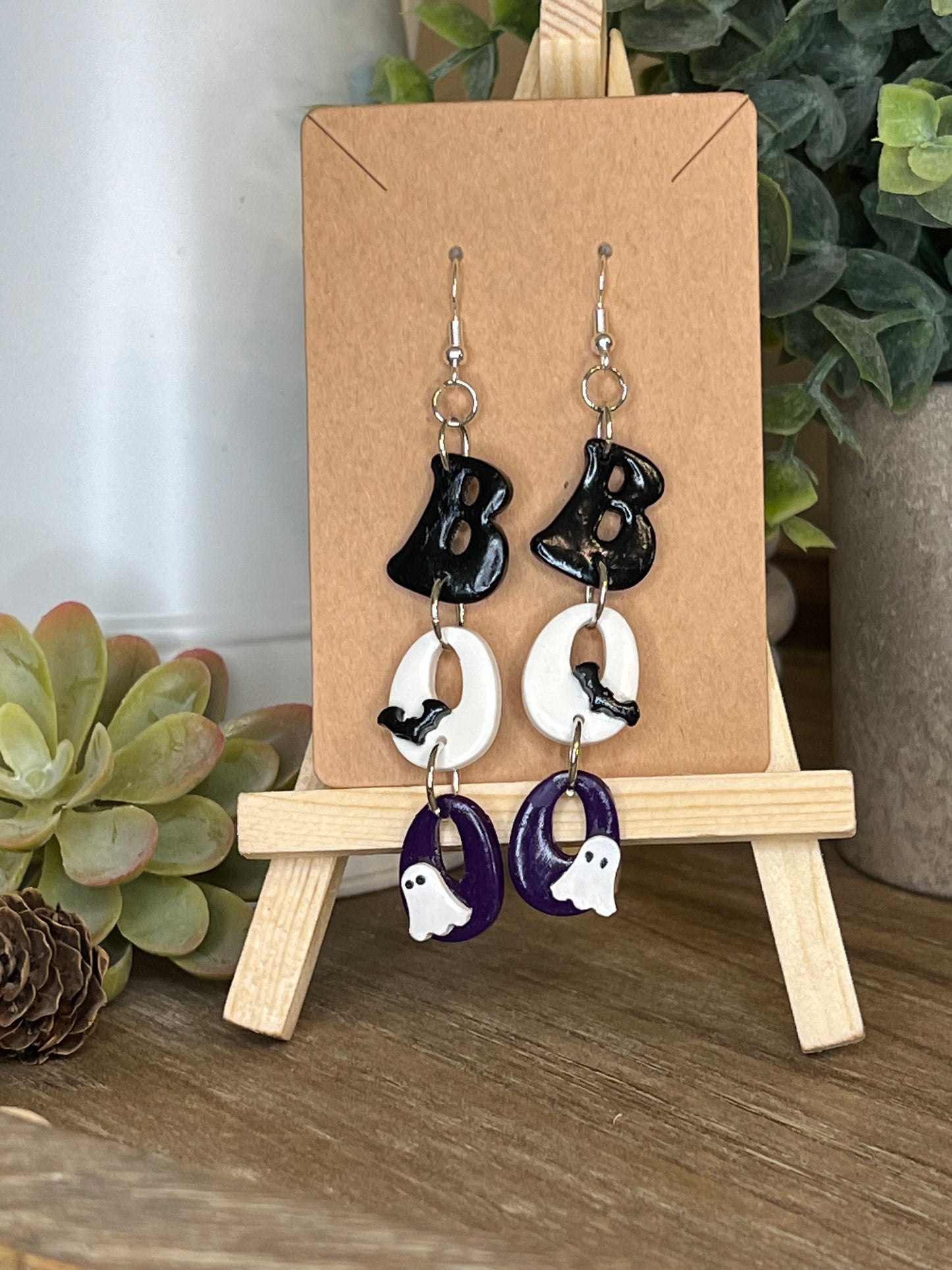 Purple, Black, and White BOO Dangle Earrings with Ghost Accents