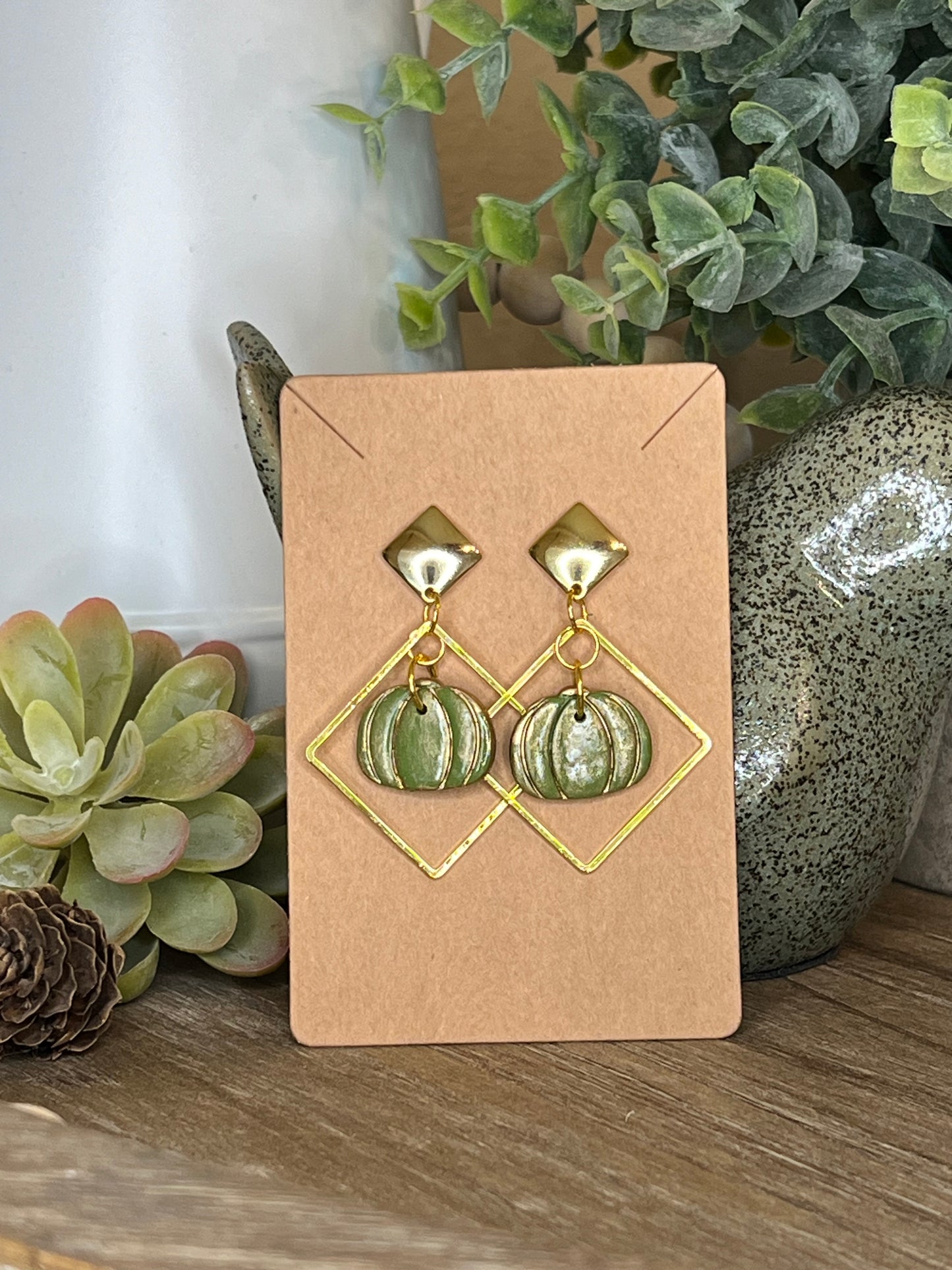 Gold Accented Olive Pumpkin Rhombus Earrings