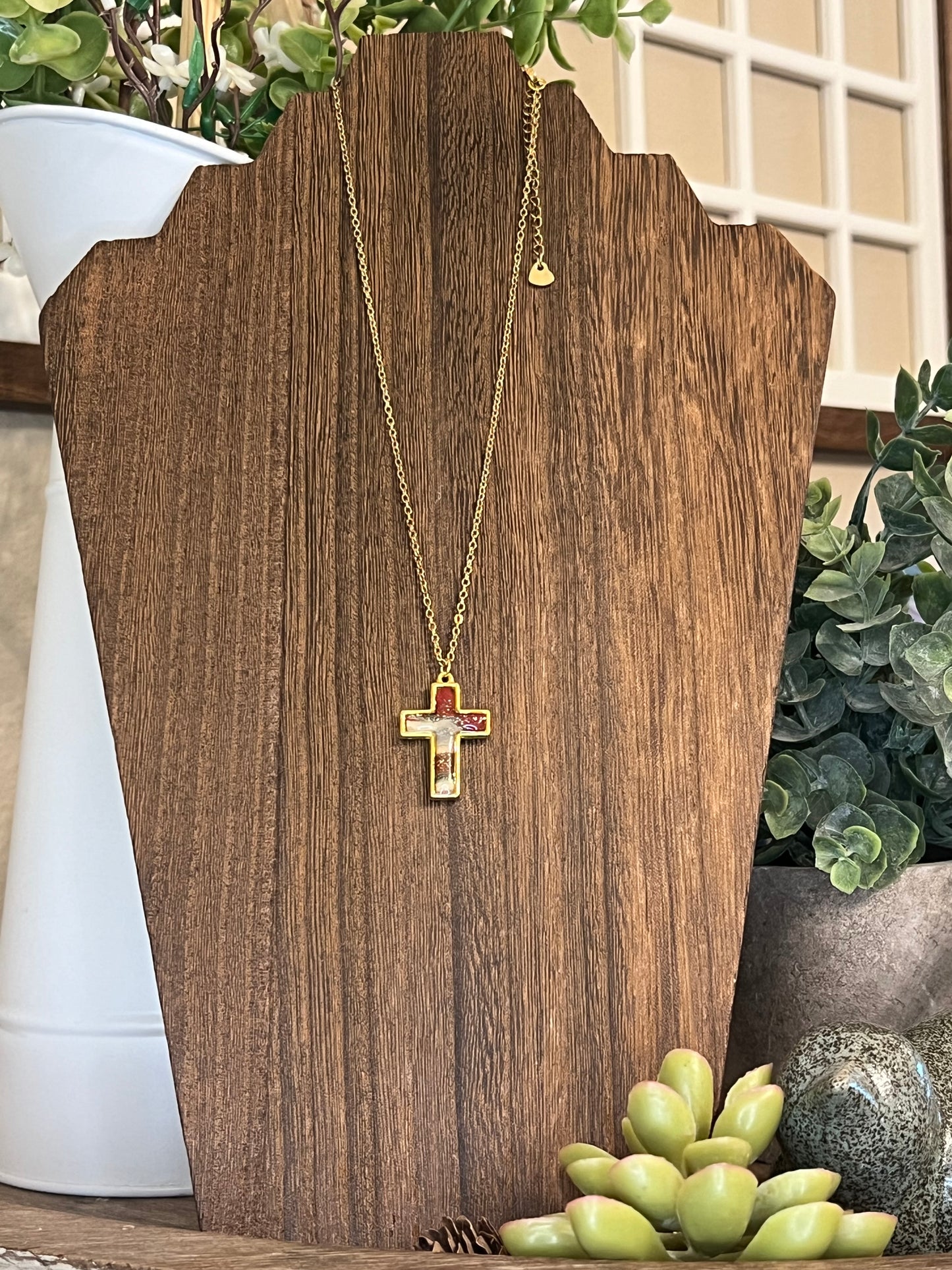 Maroon and Green Marbled Cross Necklace and Earring Set