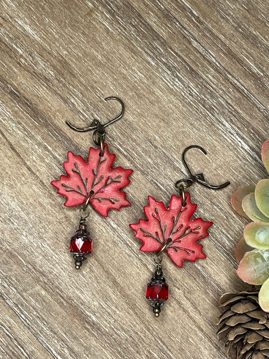 Bronze Large Dark Red Fall Leaf Dangle Earrings